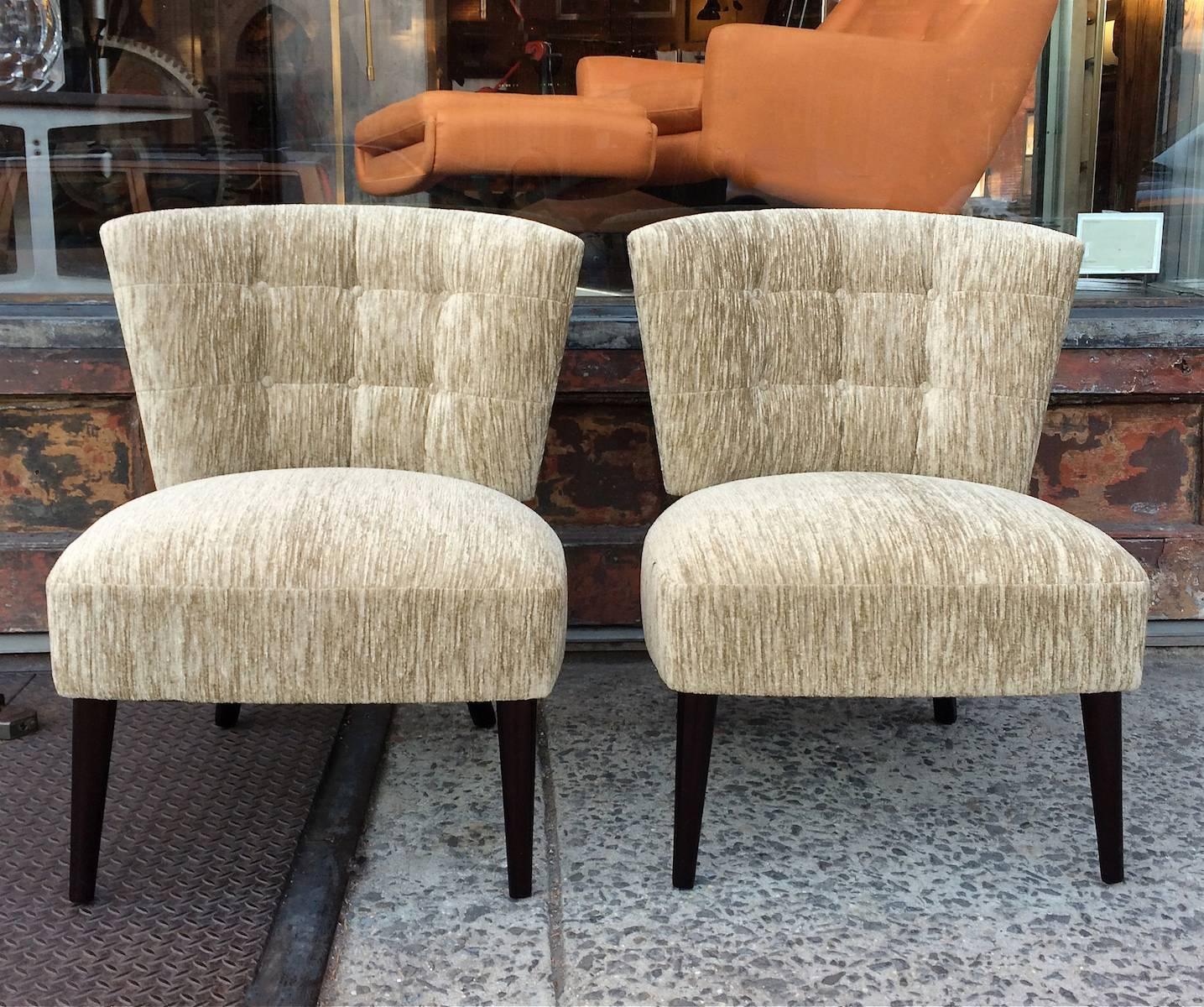 Pair of vintage, Mid-Century, Hollywood Regency, slipper chairs by Kroehler, upholstered in sumptuously textured, celery color velvet with lacquered rosewood legs.