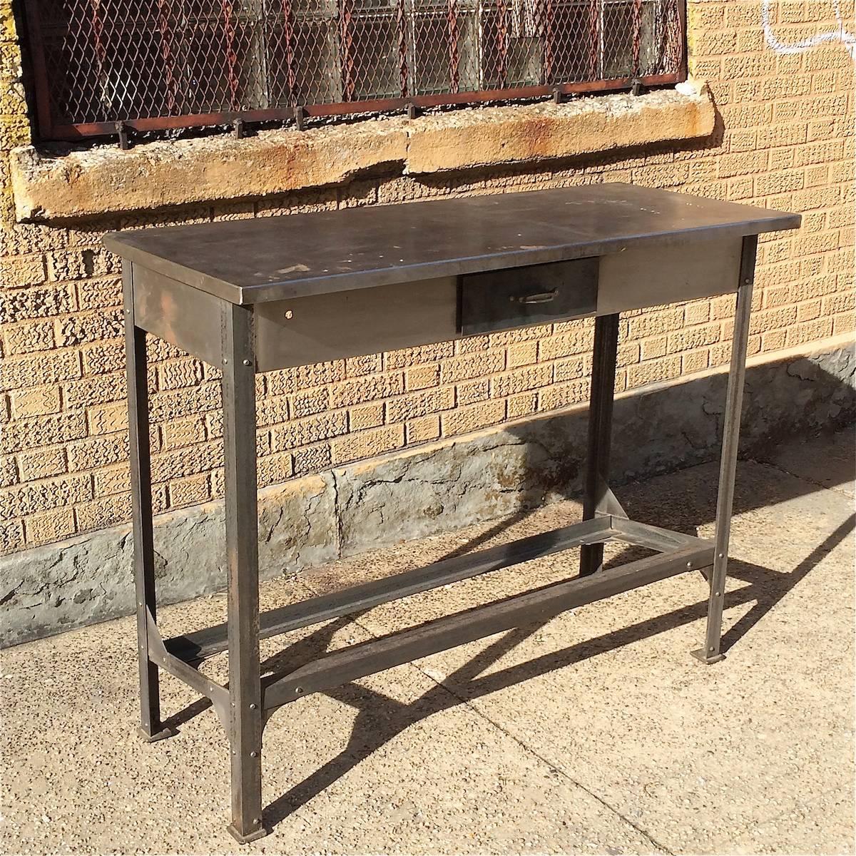 Brushed steel, Industrial work bench tables with storage drawer.