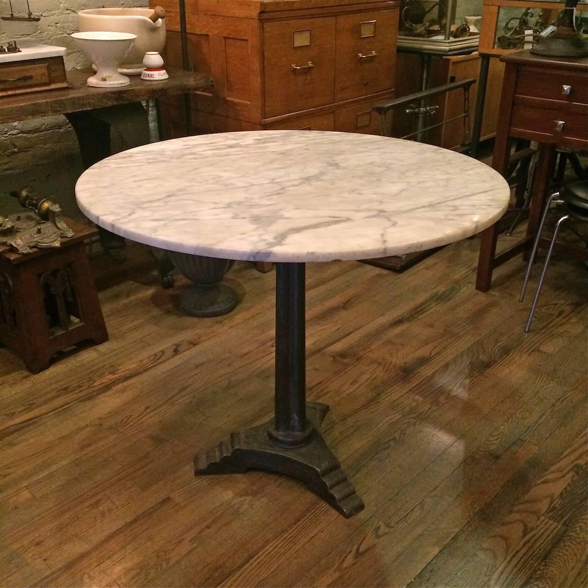French, round marble, Art Deco, café or bistro or dining table with cast iron 
