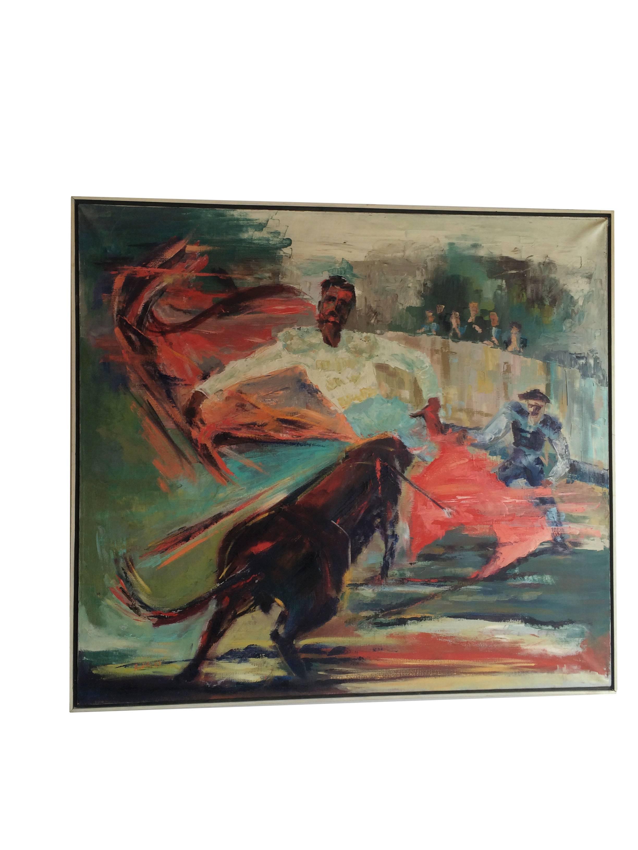 Framed, expressionist, oil painting on linen, depicting a matador in the ring signed by the artist Margorie Romynus.
