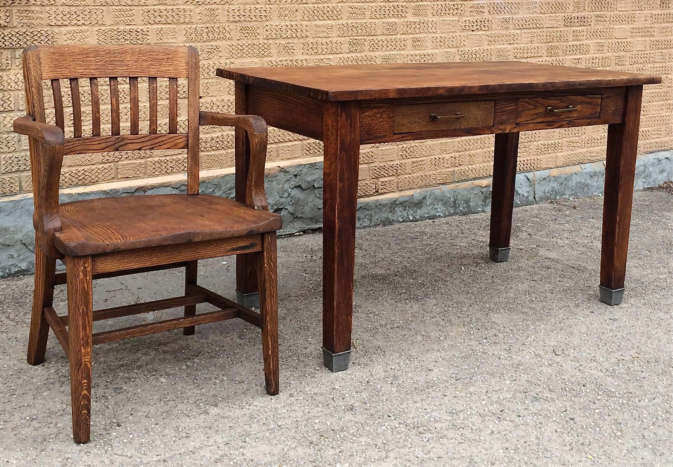 1930s Industrial Oak Library Desk In Excellent Condition In Brooklyn, NY