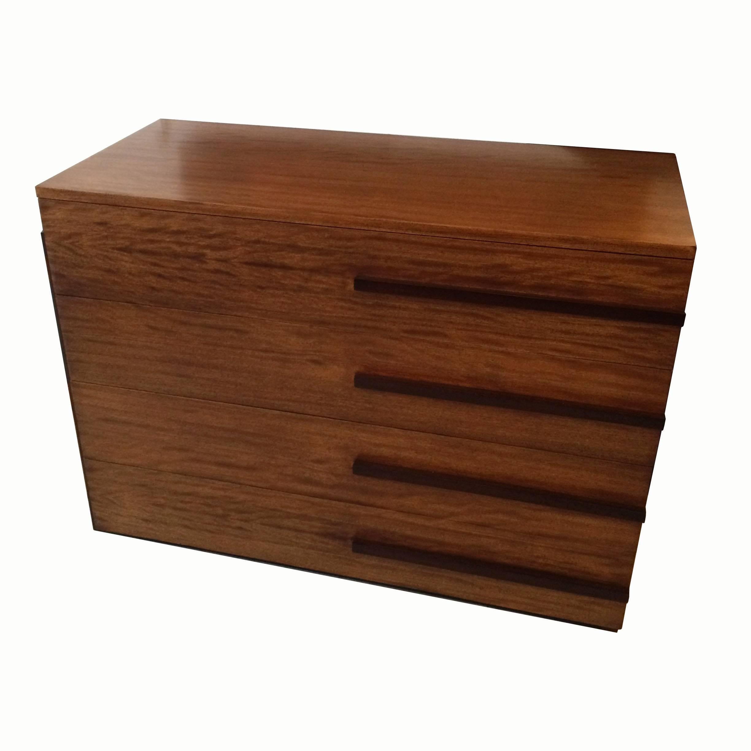 Streamline, Art Deco, four-drawer, dresser by Modernage Furniture Company in two tone satinwood with dark walnut accents.