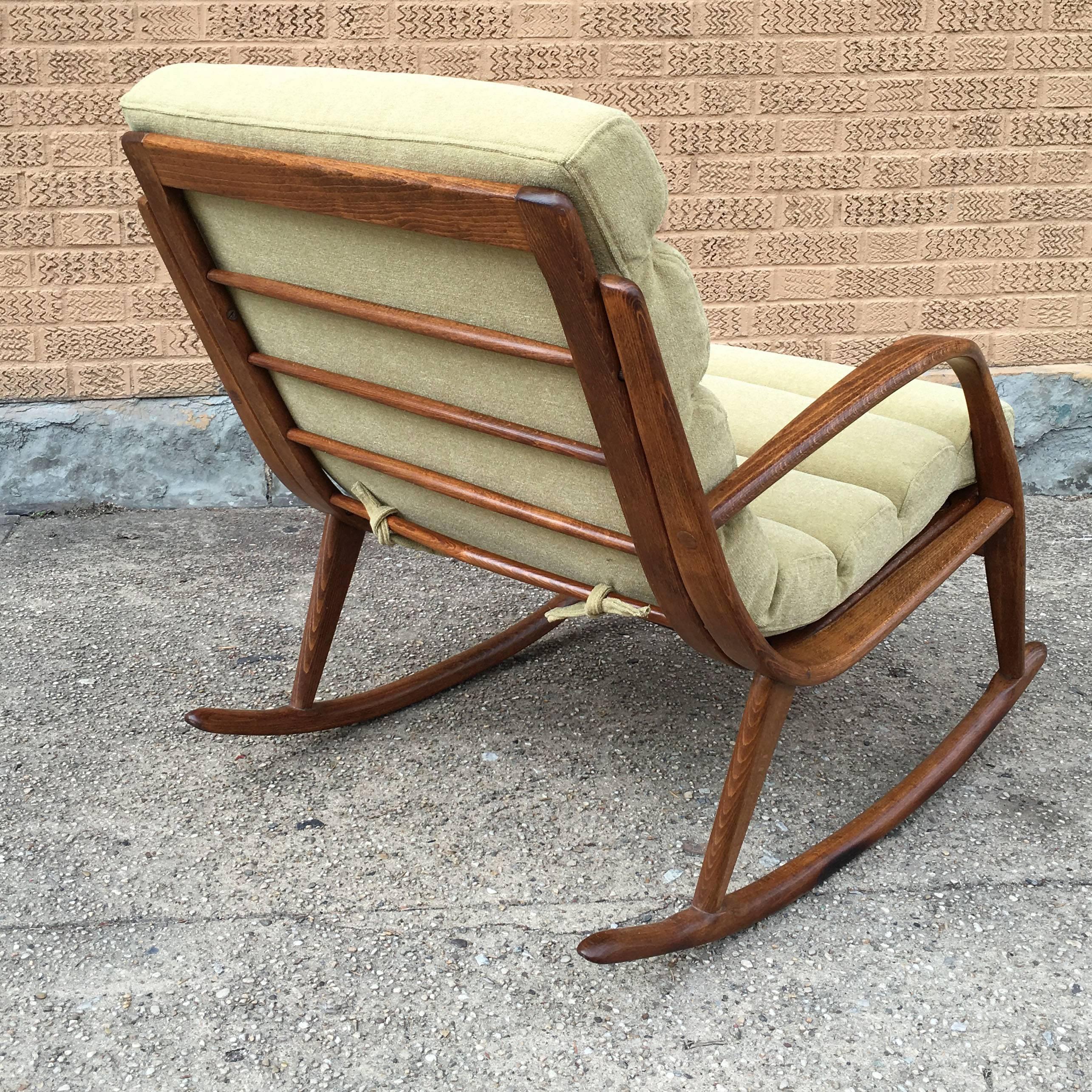Extremely Rare Danish Modern Bentwood Upholstered Rocking Chair In Good Condition In Brooklyn, NY