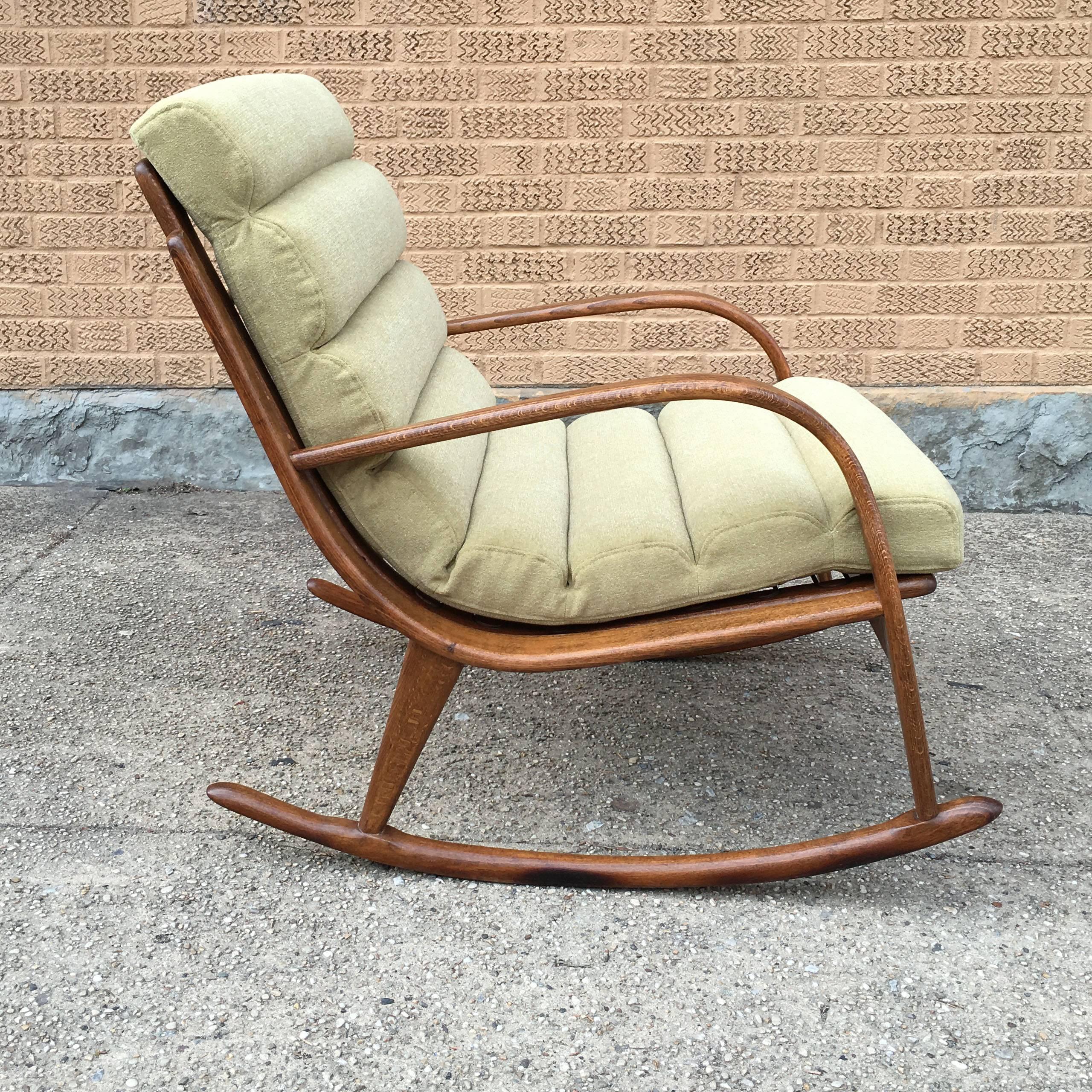 Extremely rare, Danish modern bent maple wood, rocking chair with custom, scalloped, chenille cushion.