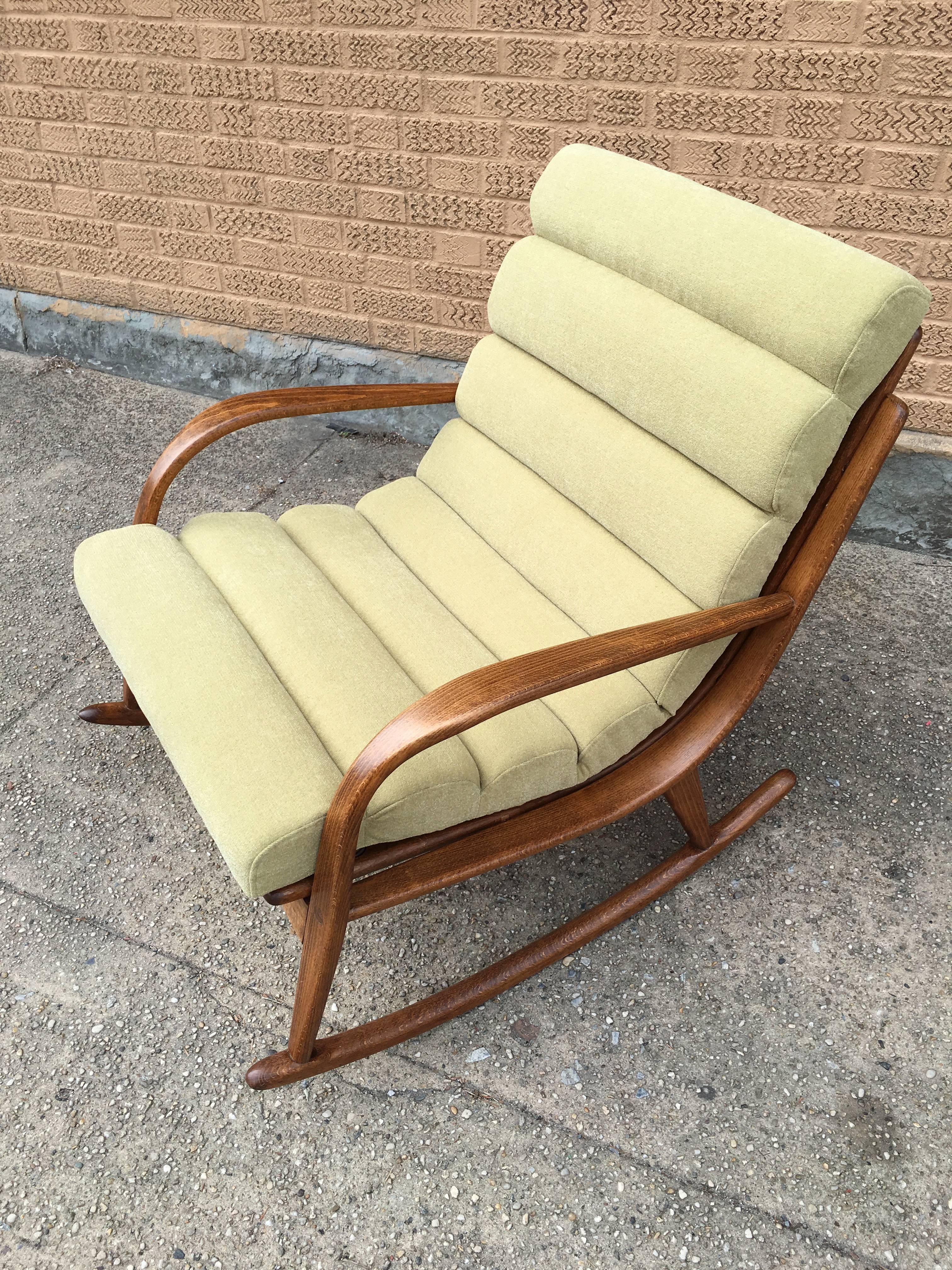 Chenille Extremely Rare Danish Modern Bentwood Upholstered Rocking Chair