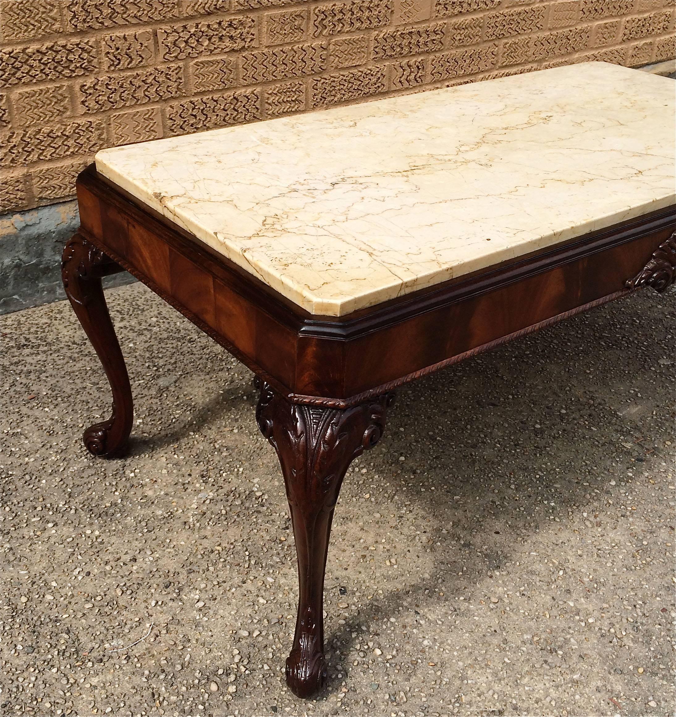 Victorian Antique Carved Flame Mahogany And Marble Coffee Table