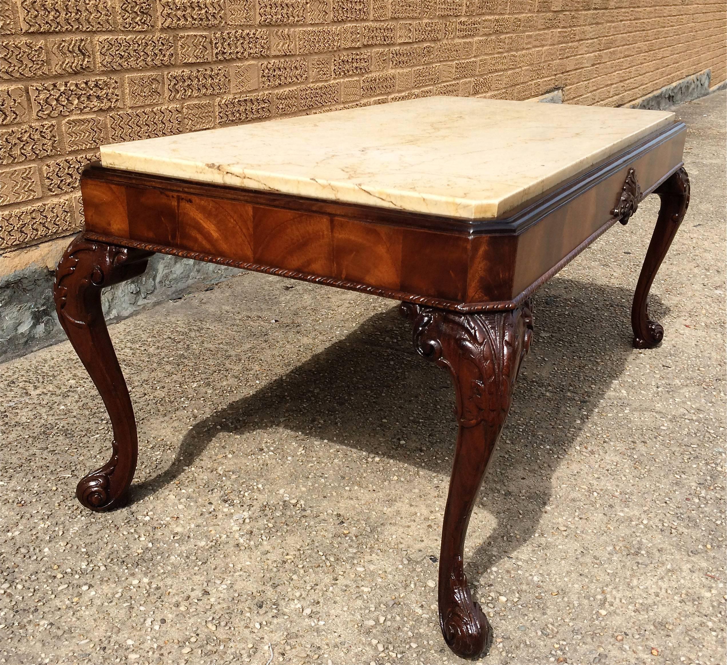 American Antique Carved Flame Mahogany And Marble Coffee Table