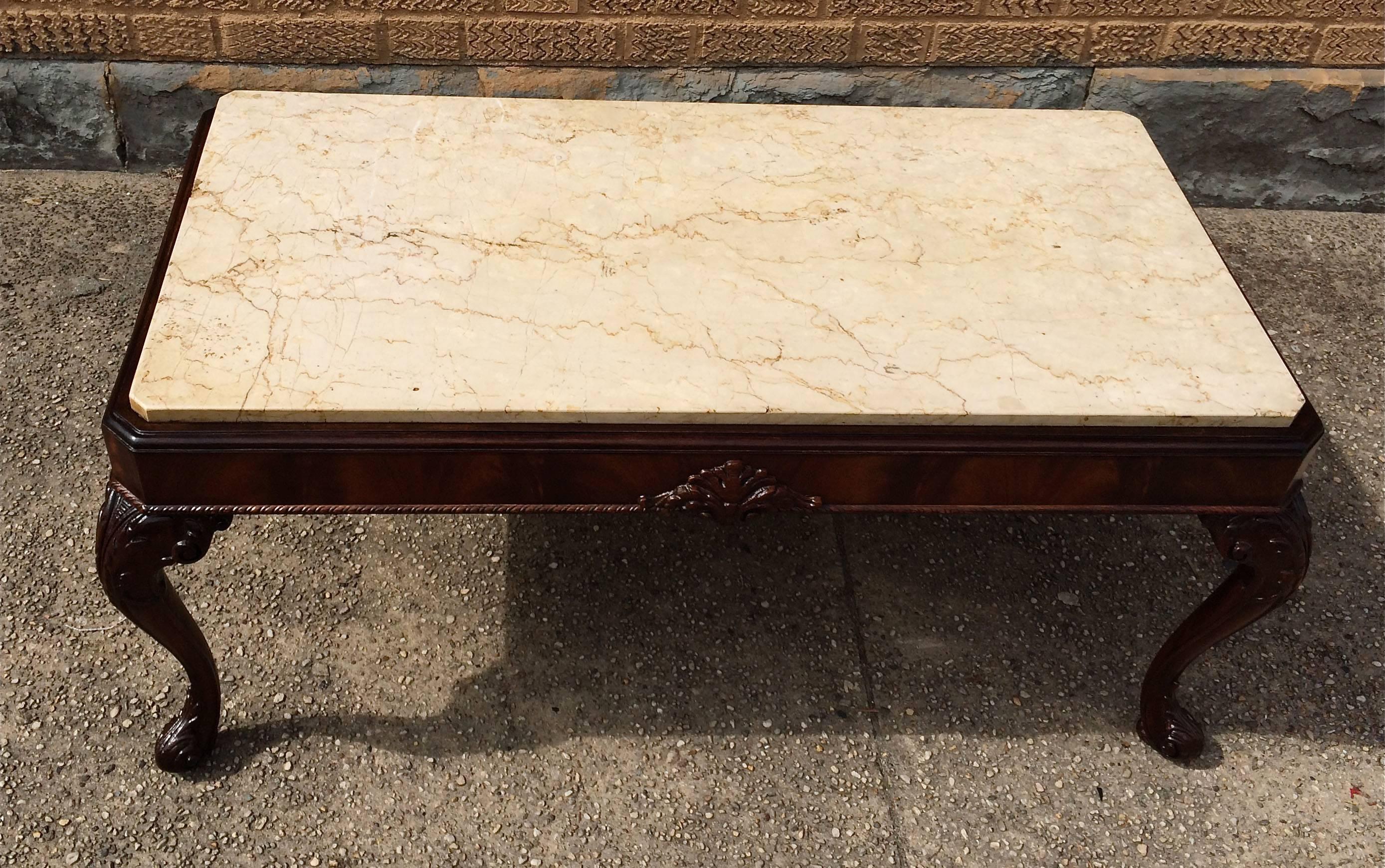 Antique Carved Flame Mahogany And Marble Coffee Table In Good Condition In Brooklyn, NY