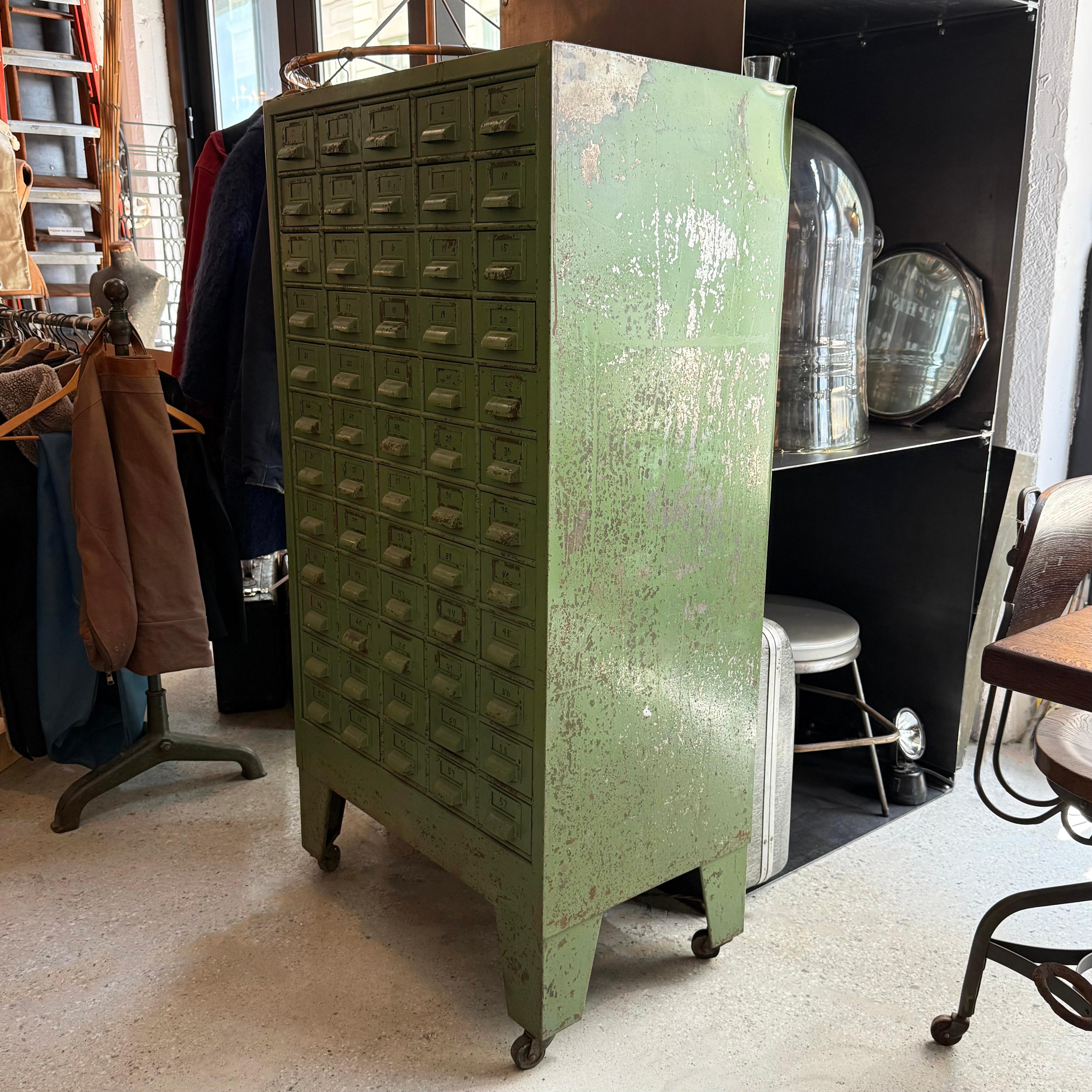 20th Century Industrial Rustic Painted Steel Multi-Drawer Tool Cabinet For Sale