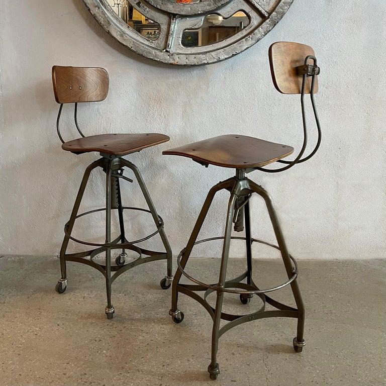 Pair Of Industrial Adjustable Drafting Stools By Toledo Metal Furniture Co. For Sale 1