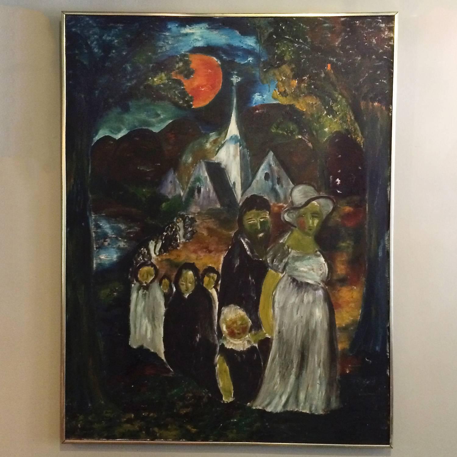 Large impressive Folk Art acrylic painting of a haunting, moonlit, church procession is signed by the Danish born artist and dated 1963. There is one small tear in the canvas as shown. Frame is aluminum and wood. This artist's work also includes our