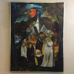 Large Danish Folk Art Church Procession Painting, circa 1960s