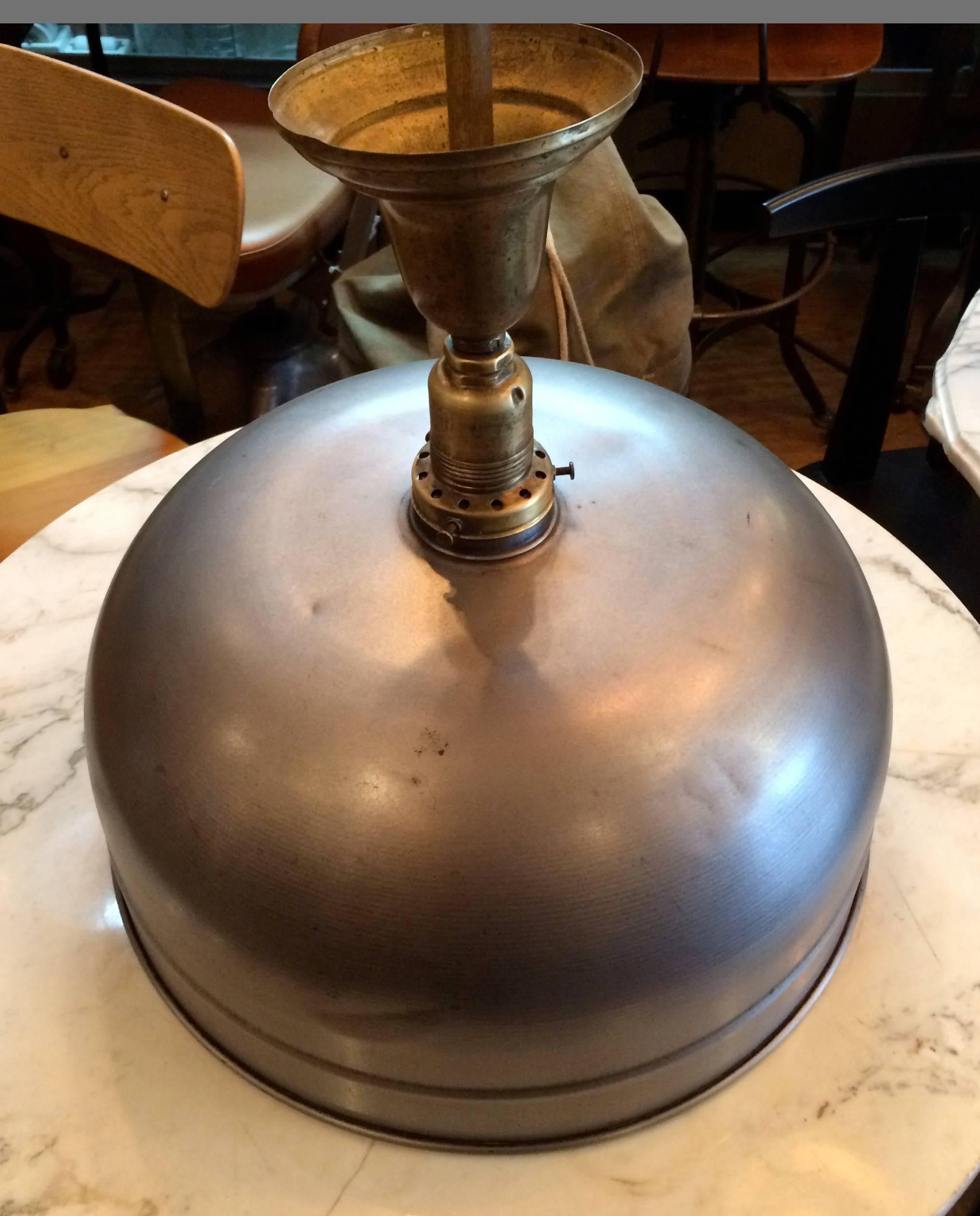 Mid-20th Century Industrial Brushed Steel Dome Billiard Pendant Light By Brunswick Co. For Sale