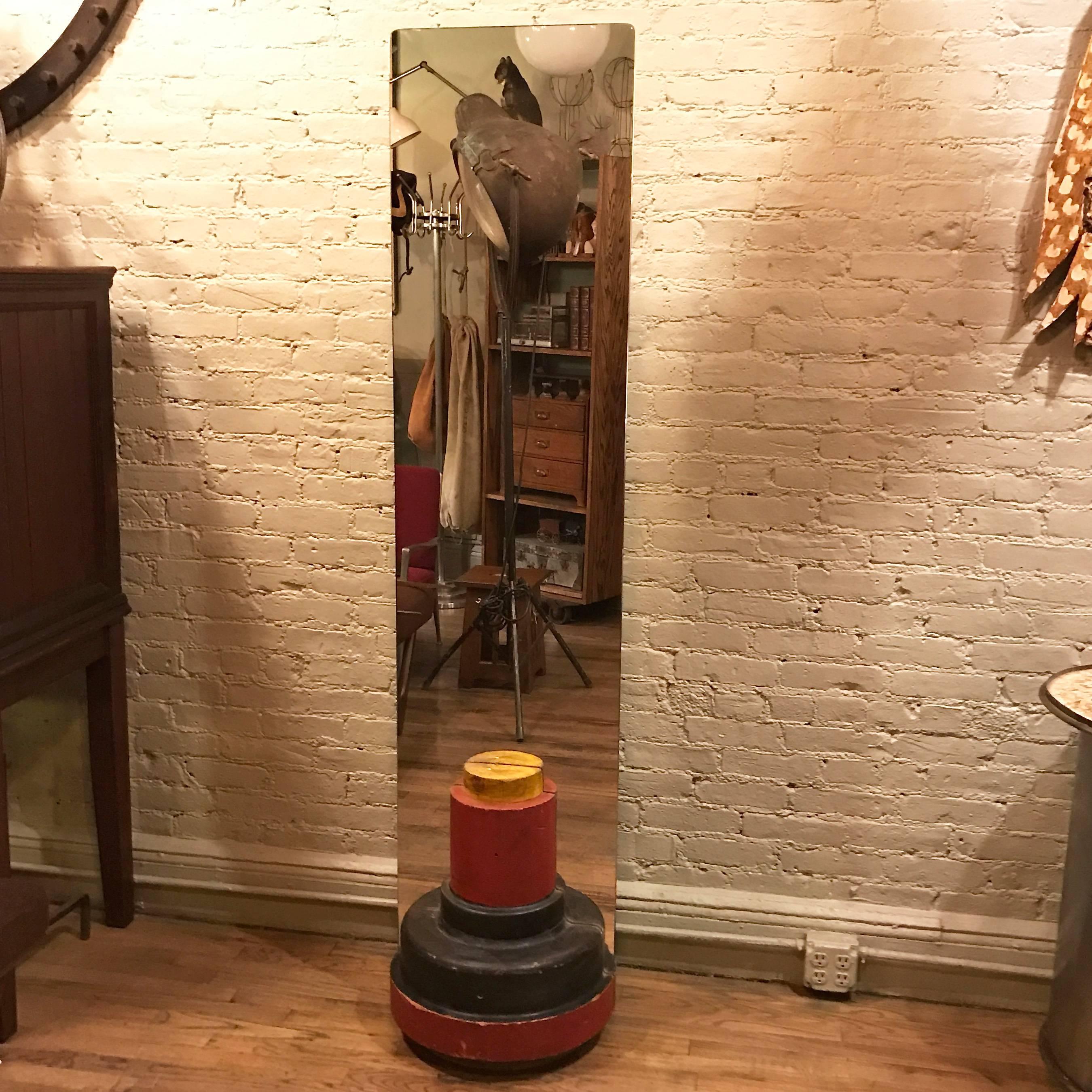 Custom, Industrial double-sided, full length standing floor mirror with 1940s wooden foundry-pattern base is made by City Foundry for our C.F. Signature Line of furniture and lighting.