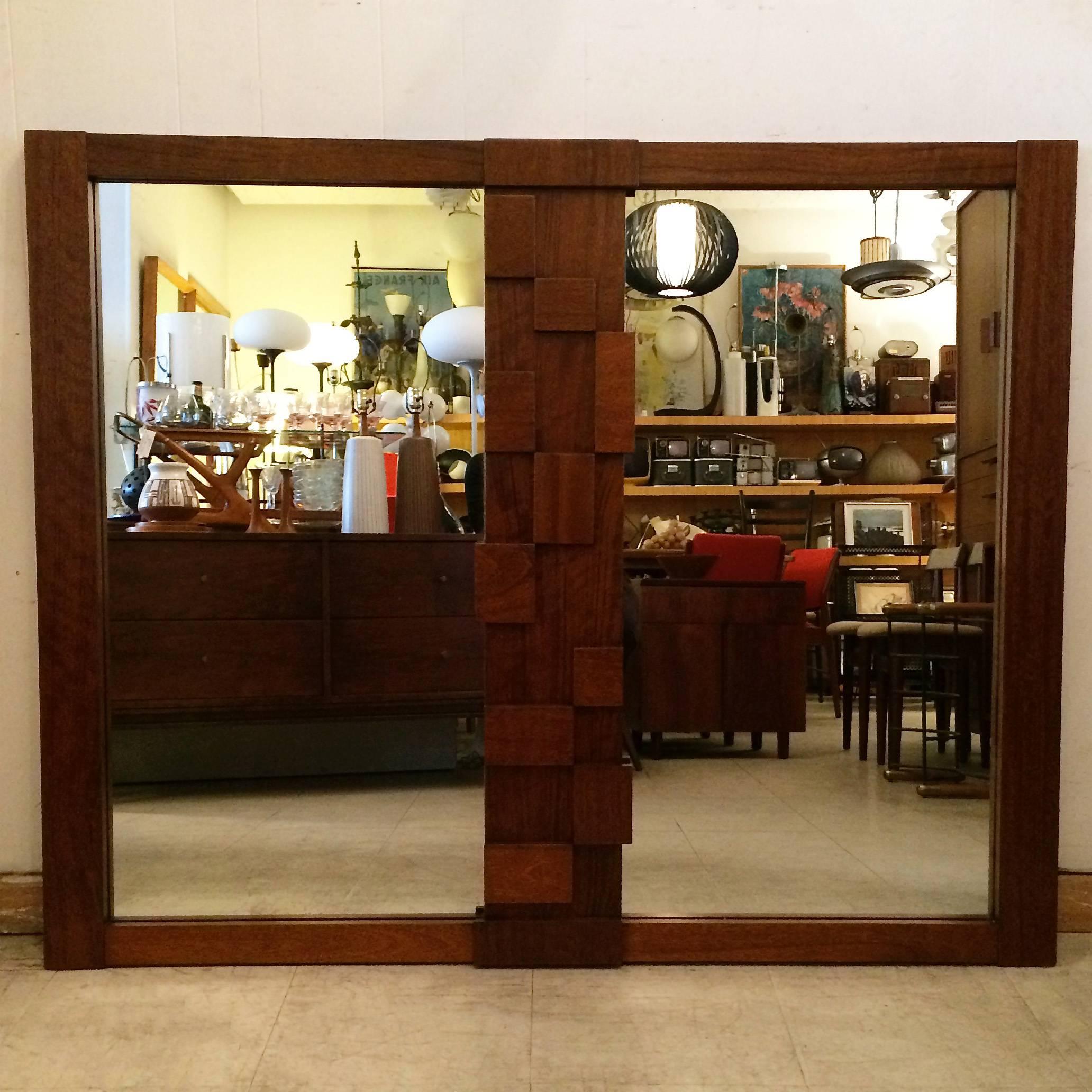 Large, walnut, split panel mirror from the Brutalist Mosaic design series by Altavista Lane is newly restored. The mirror can be hung vertical or horizontal. Each mirror panel is 37