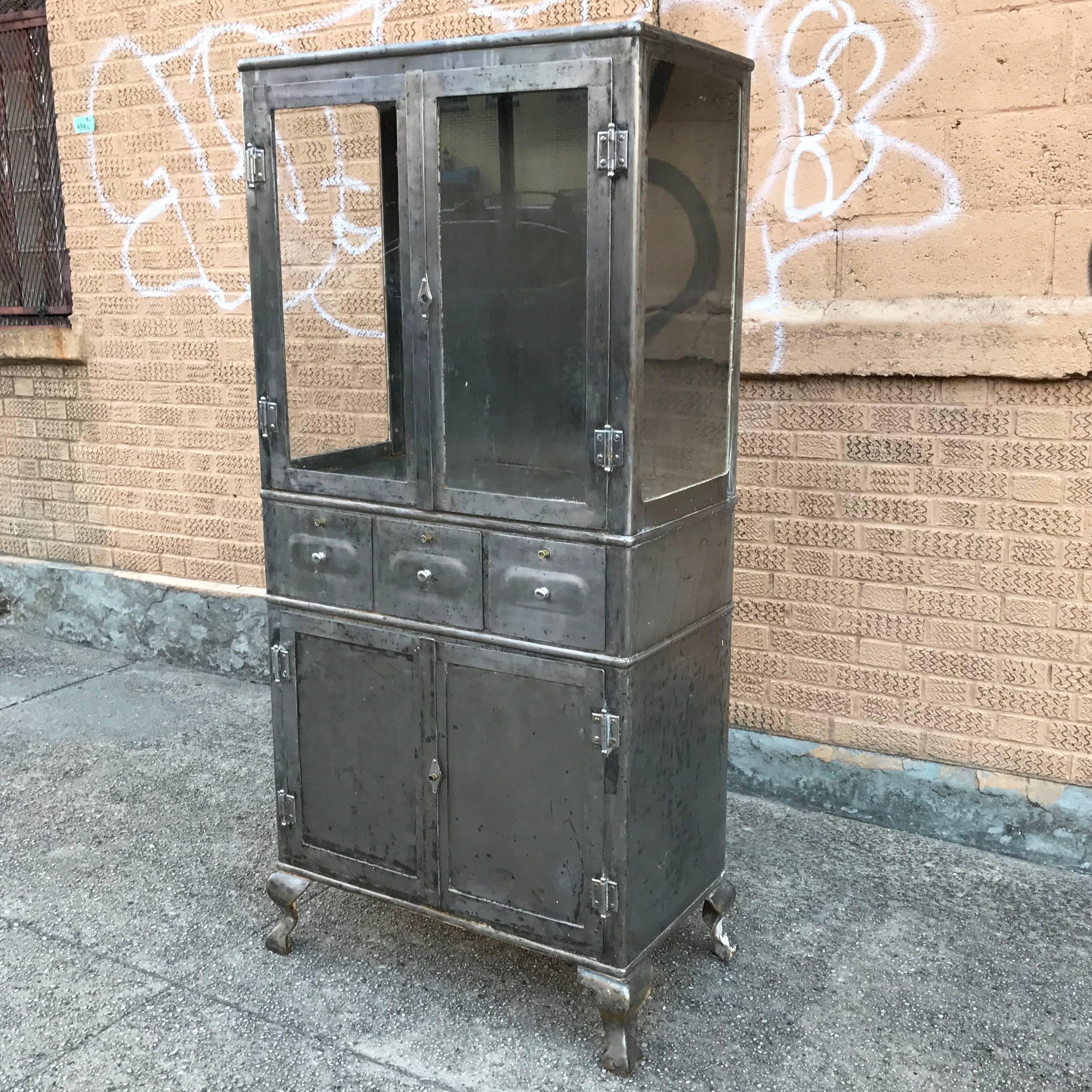 Industrial Brushed Steel Double Door Apothecary Display Cabinet In Excellent Condition In Brooklyn, NY