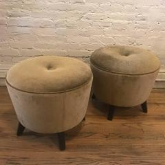 Pair of Olive Velvet and Ebonized Maple Pouf Ottomans