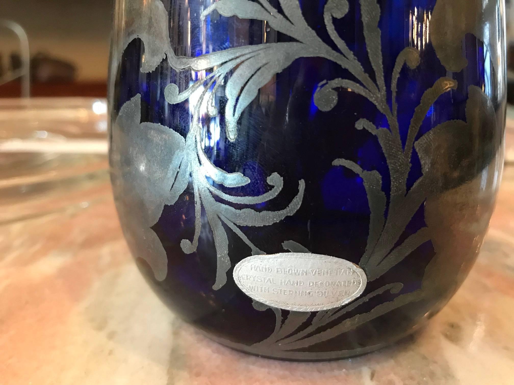 20th Century Venetian Cobalt Glass Decanter with Hand-Painted Sterling Silver