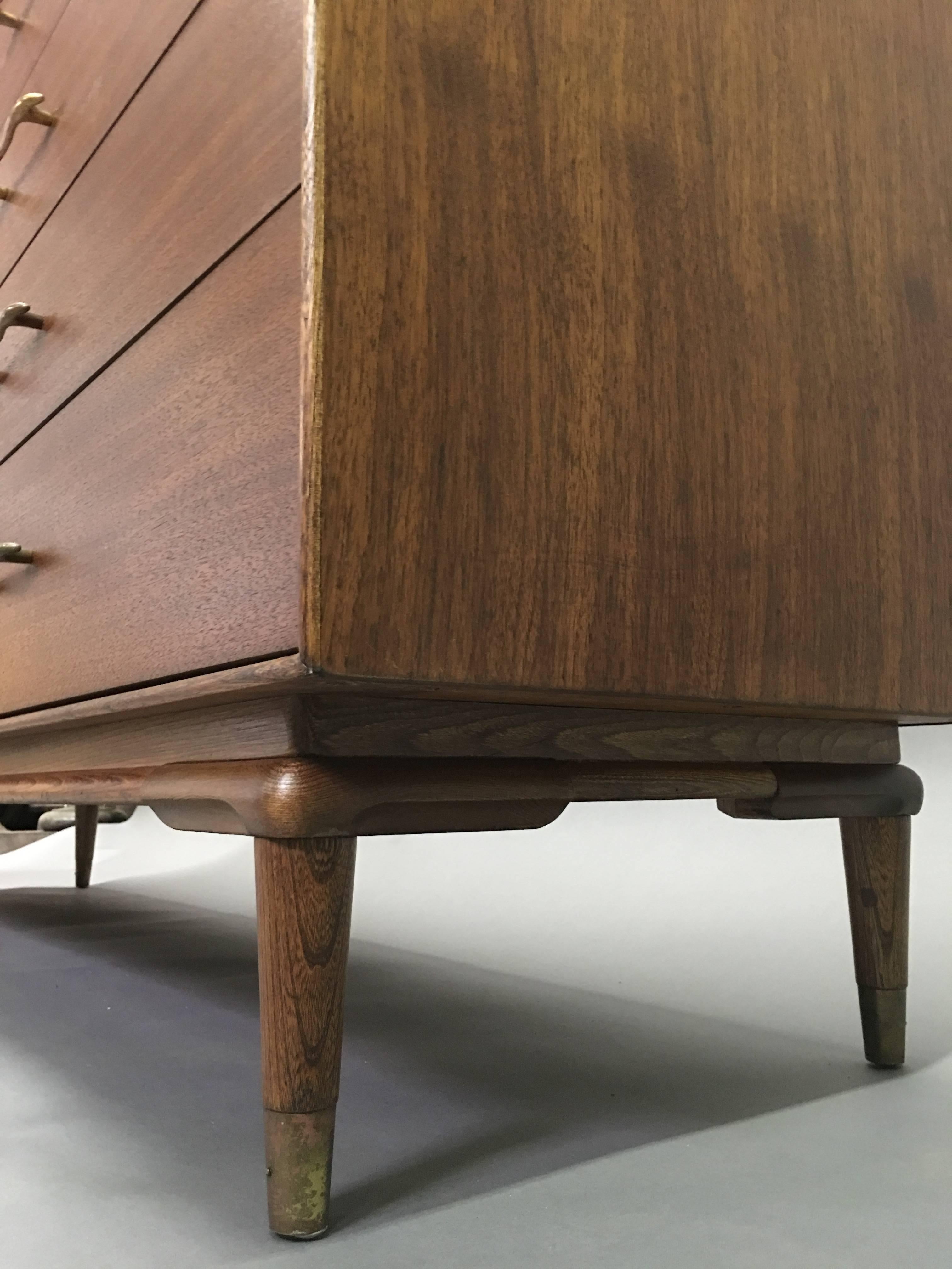 Brass Mid-Century Modern Walnut Double Wide Dresser