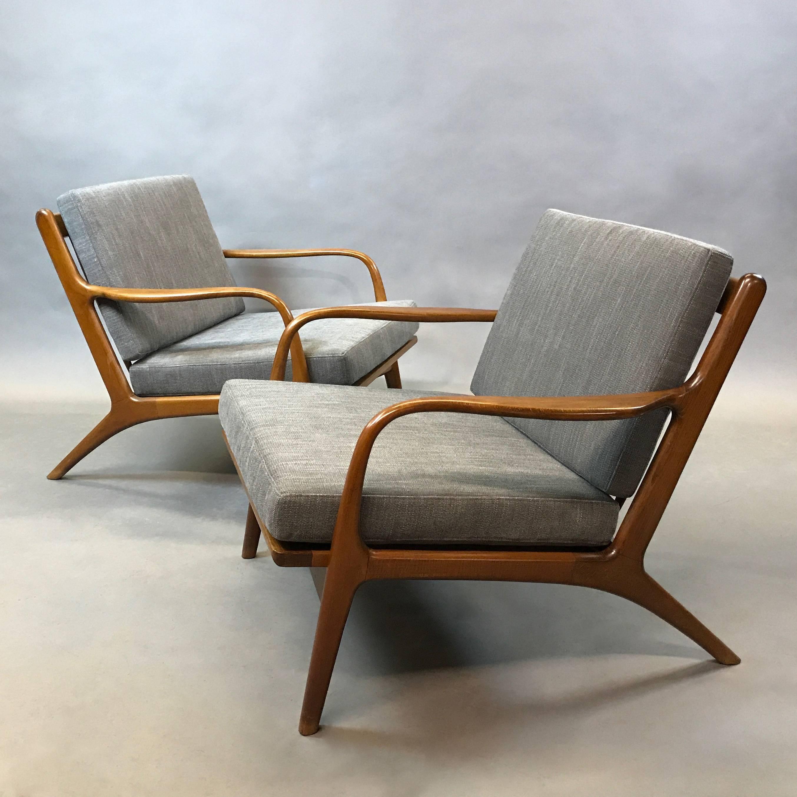 Pair of American, Model 2315-c, lounge chairs designed by Adrian Pearsall for Craft Associates feature sculptural, maple frames with newly upholstered seats and backs in medium gray chenille fabric.