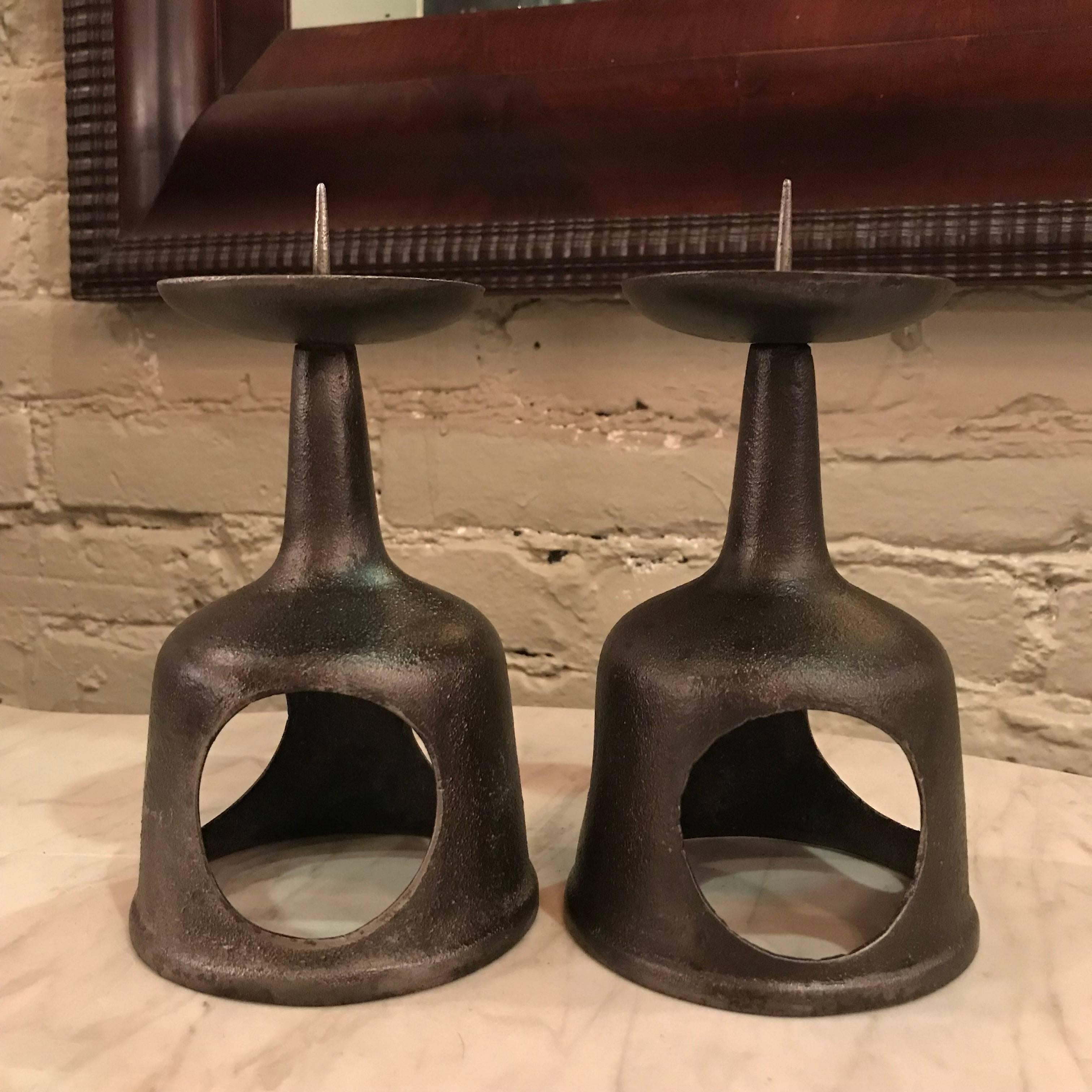 Pair of Japanese, open base, cast iron, pricket stick, candleholders.
