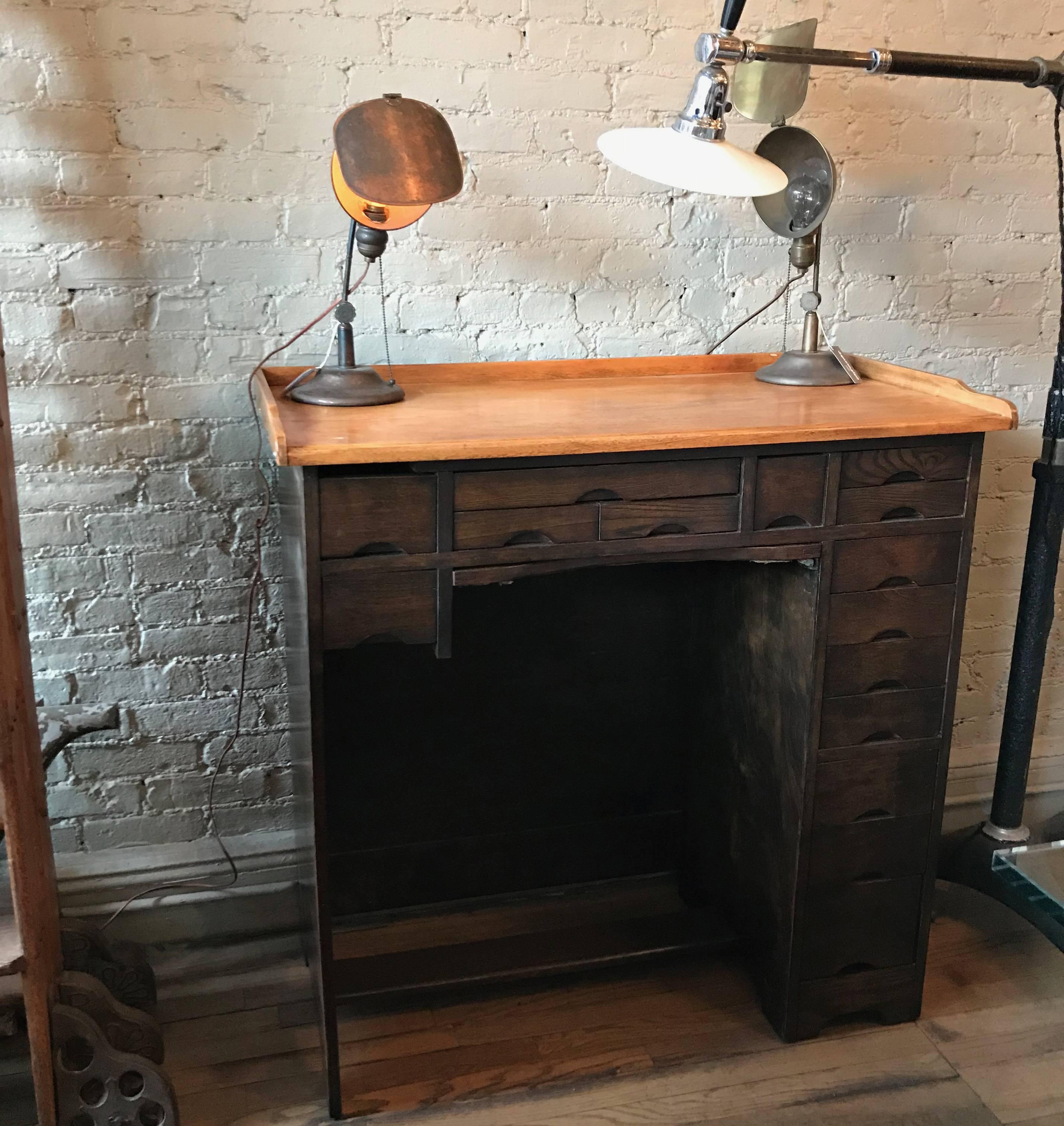 Industrial 1920s Two-Tone Maple Watchmaker's Desk In Excellent Condition In Brooklyn, NY