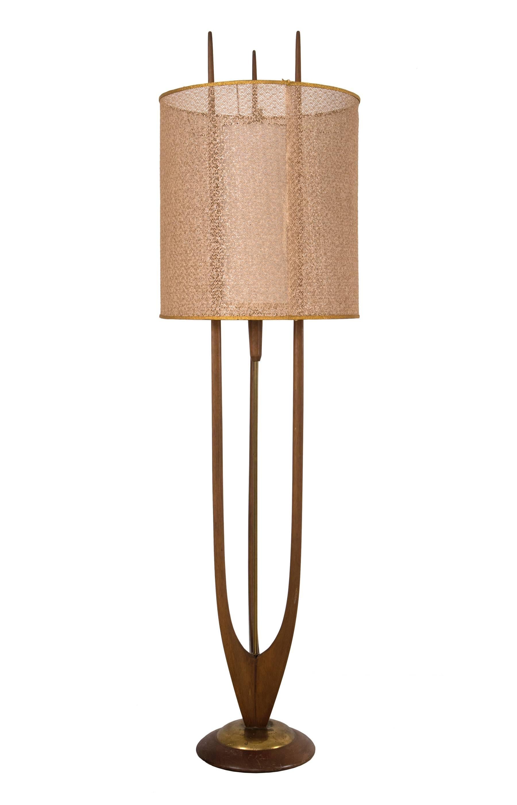 Nice Modeline floor lamp in excellent vintage condition. We had a shade made for the diffuser. The outer shade is original. Note some discoloration to brass on the base. Could probably be cleaned.