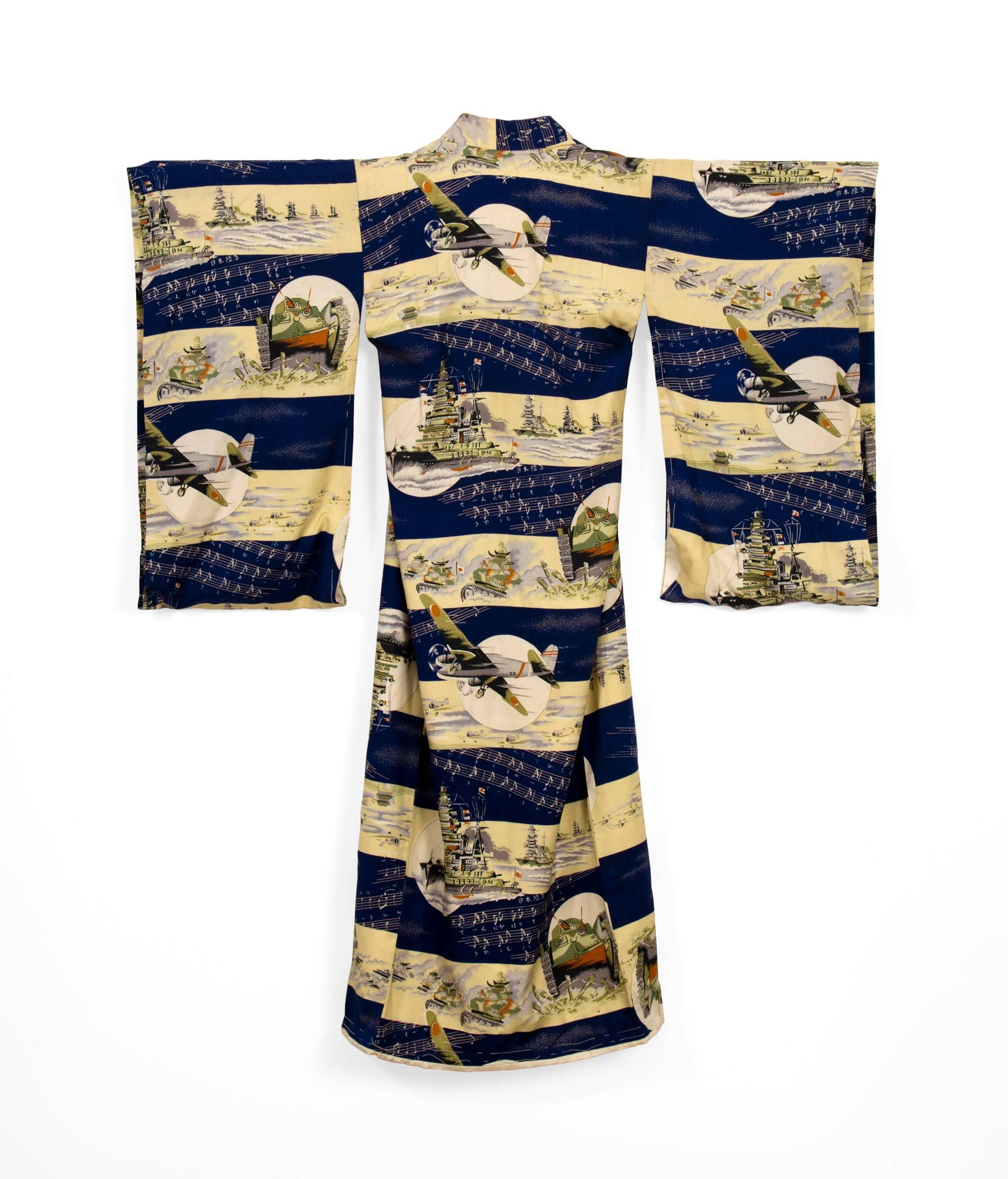 Propaganda Boy's Kimono with printed battle scenes, circa 1945. Excellent condition.