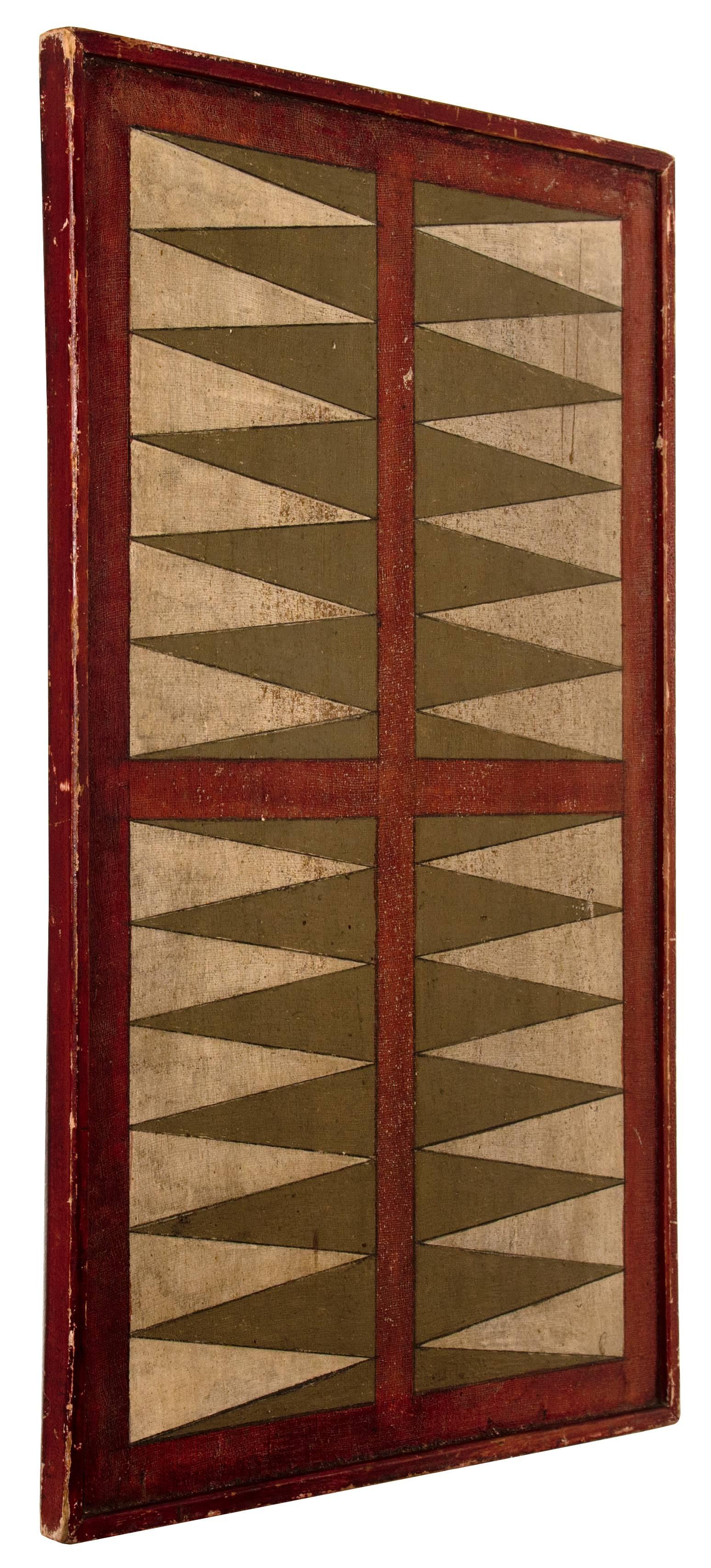 Backgammon game board with checkers on the reverse. Minimalist rendering of a game board. Original paint on canvas covered panel, American, circa 1900.
Geometric abstract.