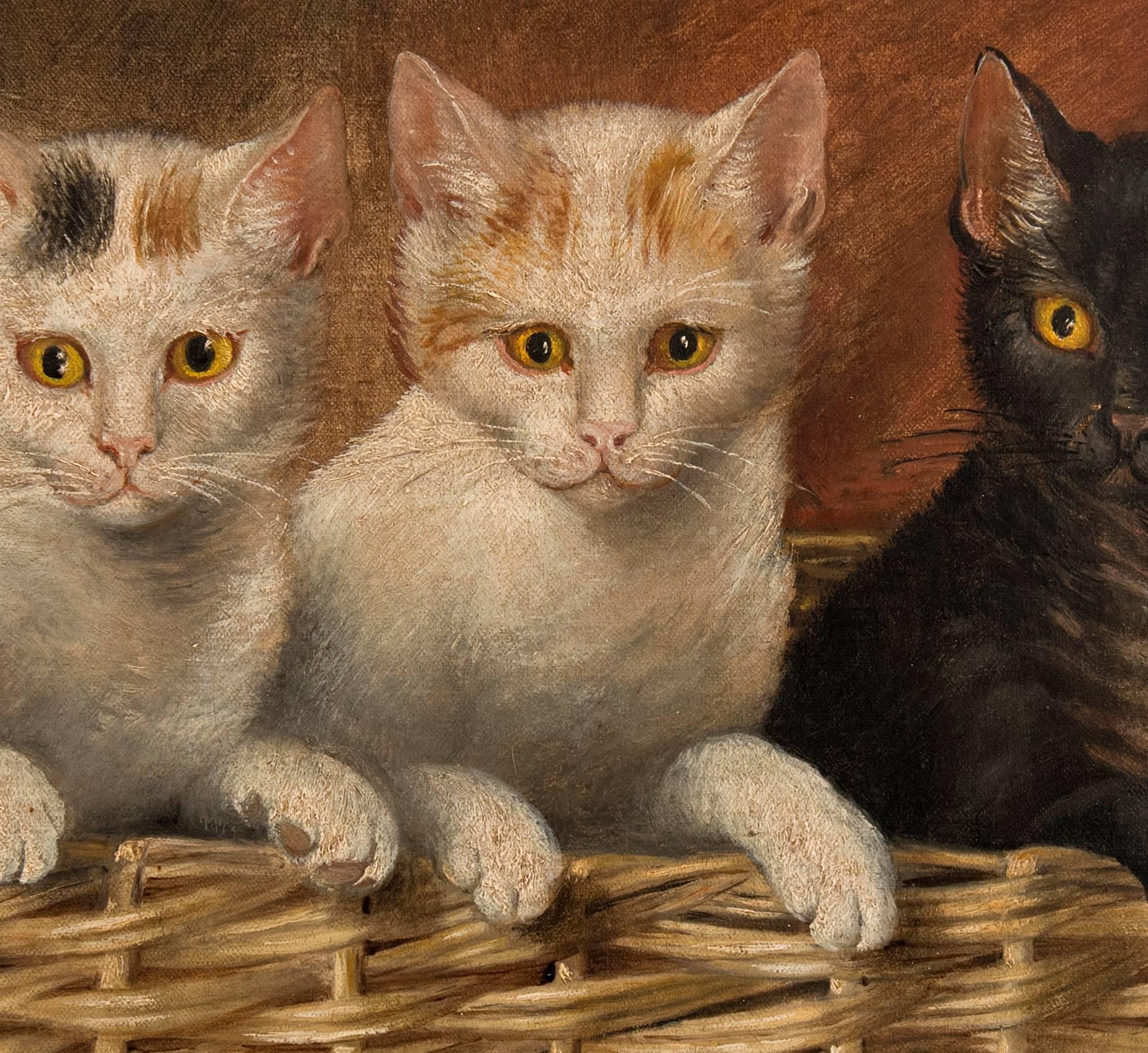 Fine American folk art oil on canvas of kittens, circa 1880.