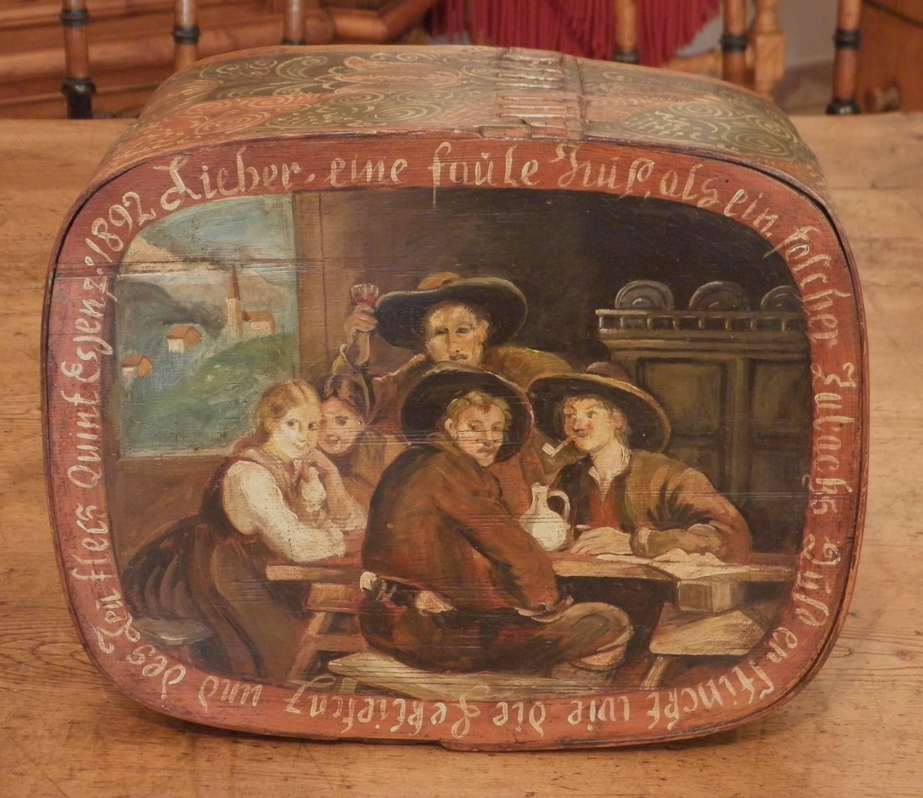 Hat box, in painted wood, with floral and tavern scene, inspired 
at works of Franz von Defregger, Austrian painter. Very rare item not easy to find in this condition, Tyrol Valley, Austria, dated 1892.