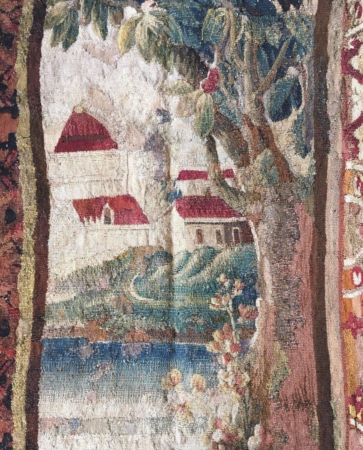 Rare tapestry portiere
After a carton by Jean-Baptiste Pillement
Depicting a river with several pagoda houses in a garden of dental tropical foliage with brightly colored spring overlays.

Wool and silk
Lined and dry cleaned by professional
