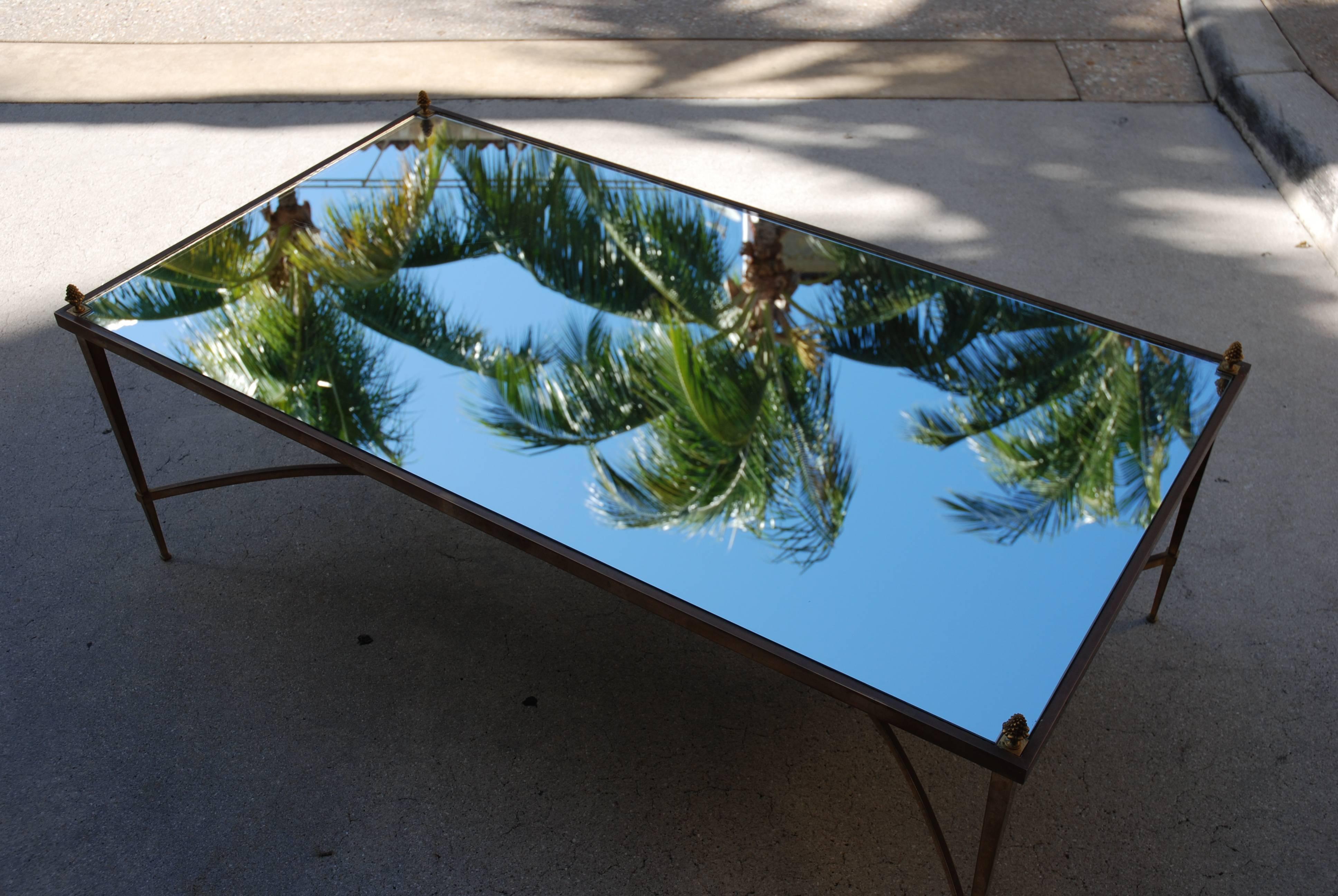 Jansen Coffee Table, Bronze, Mirror Top with Bronze Finials For Sale 1