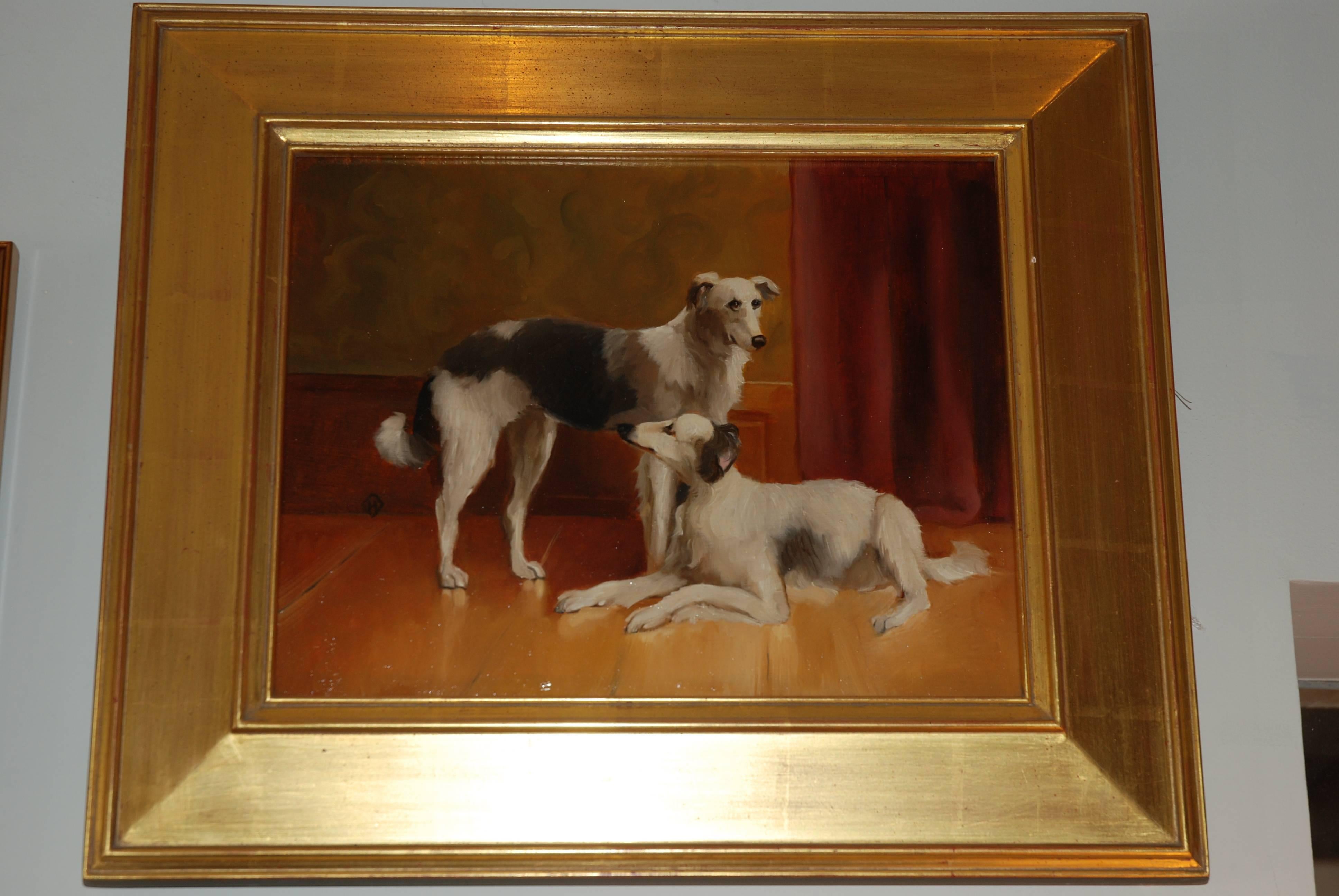 Oil Painting of a pair of Borzoi Dogs after Carl Reichert
Oil on board
Gold leaf frame