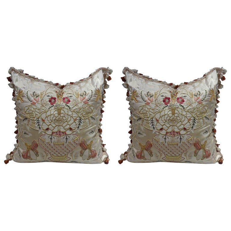 Embroidered Pillows In Cream Scalamandre Fabric For Sale At 1stdibs