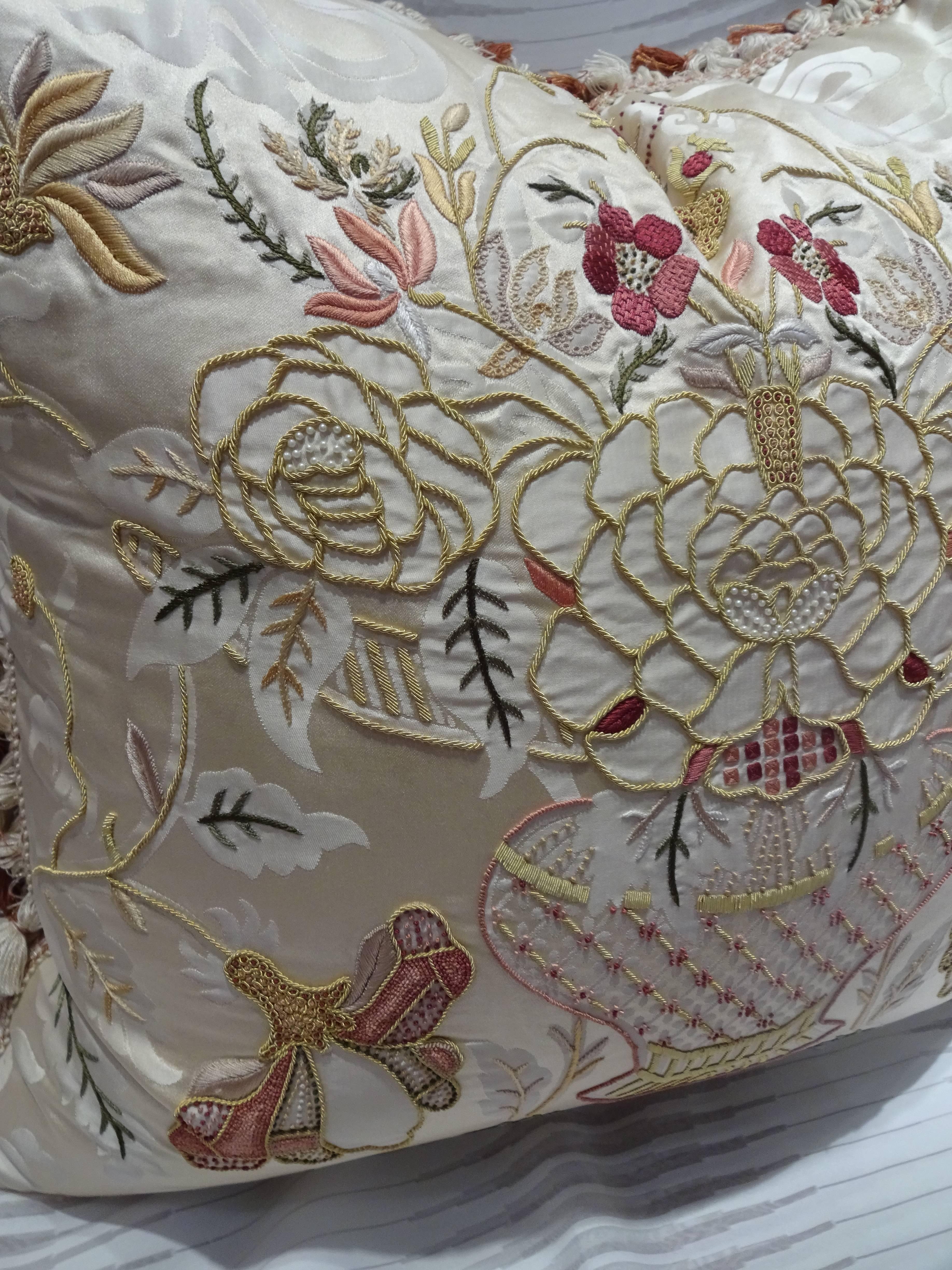 Louis XVI Embroidered Pillows in Cream Scalamandre Fabric For Sale