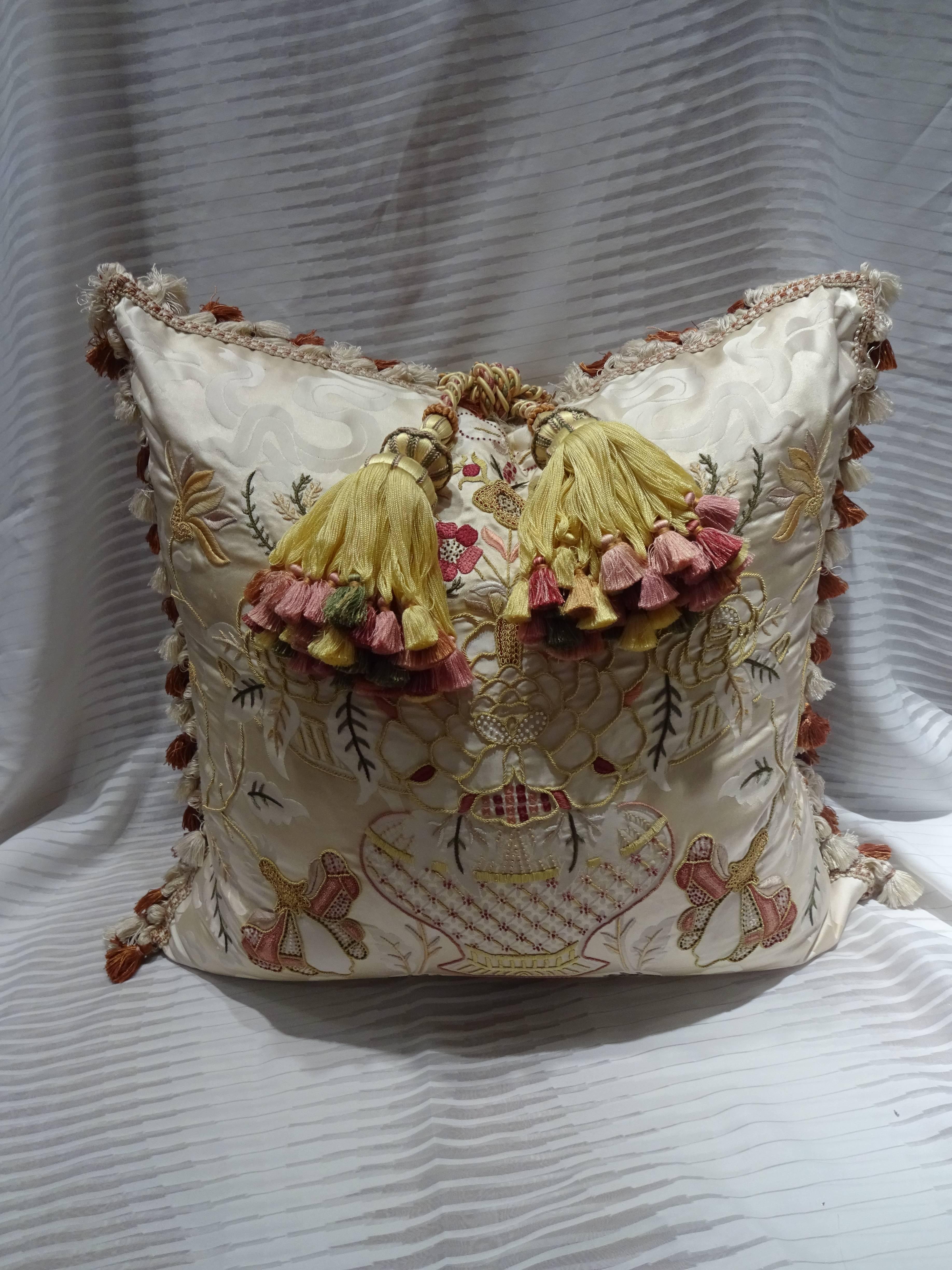 Italian Embroidered Pillows in Cream Scalamandre Fabric For Sale