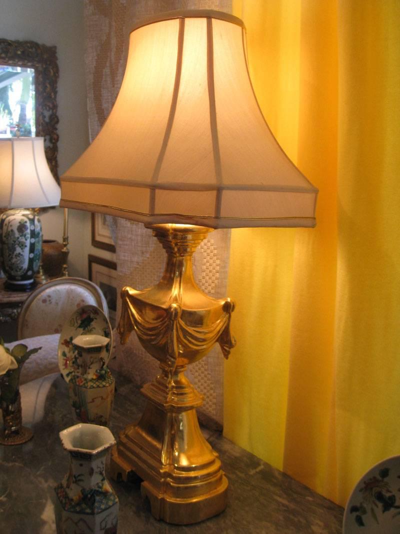 Pagoda shape lamps.
Beautifully gilt.
Silk shades Pagoda shapes, self welted.
Base size: 6