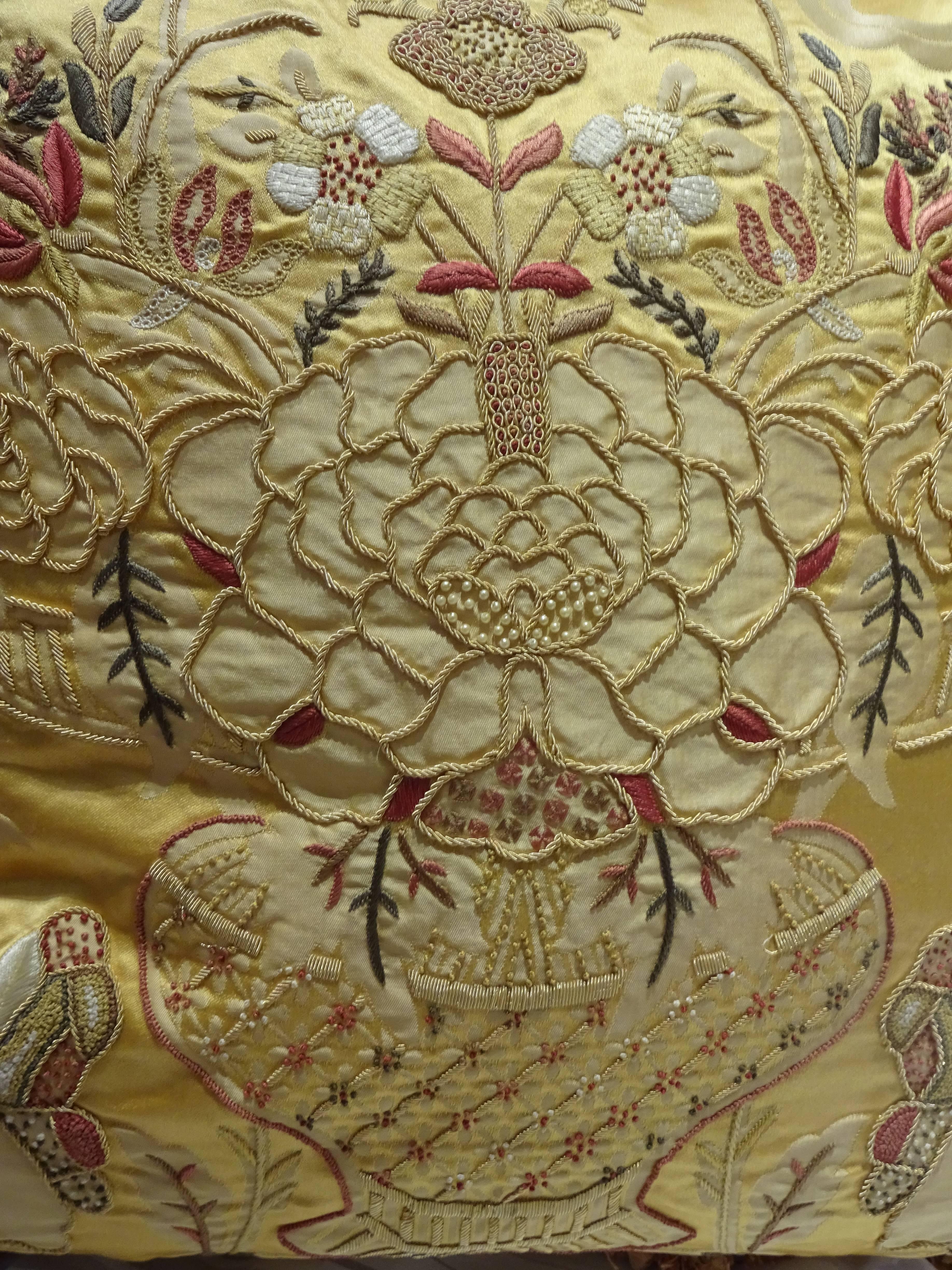 Exquisite Embroidered Pillows, Scalamandre Fabric In Excellent Condition In Palm Beach, FL