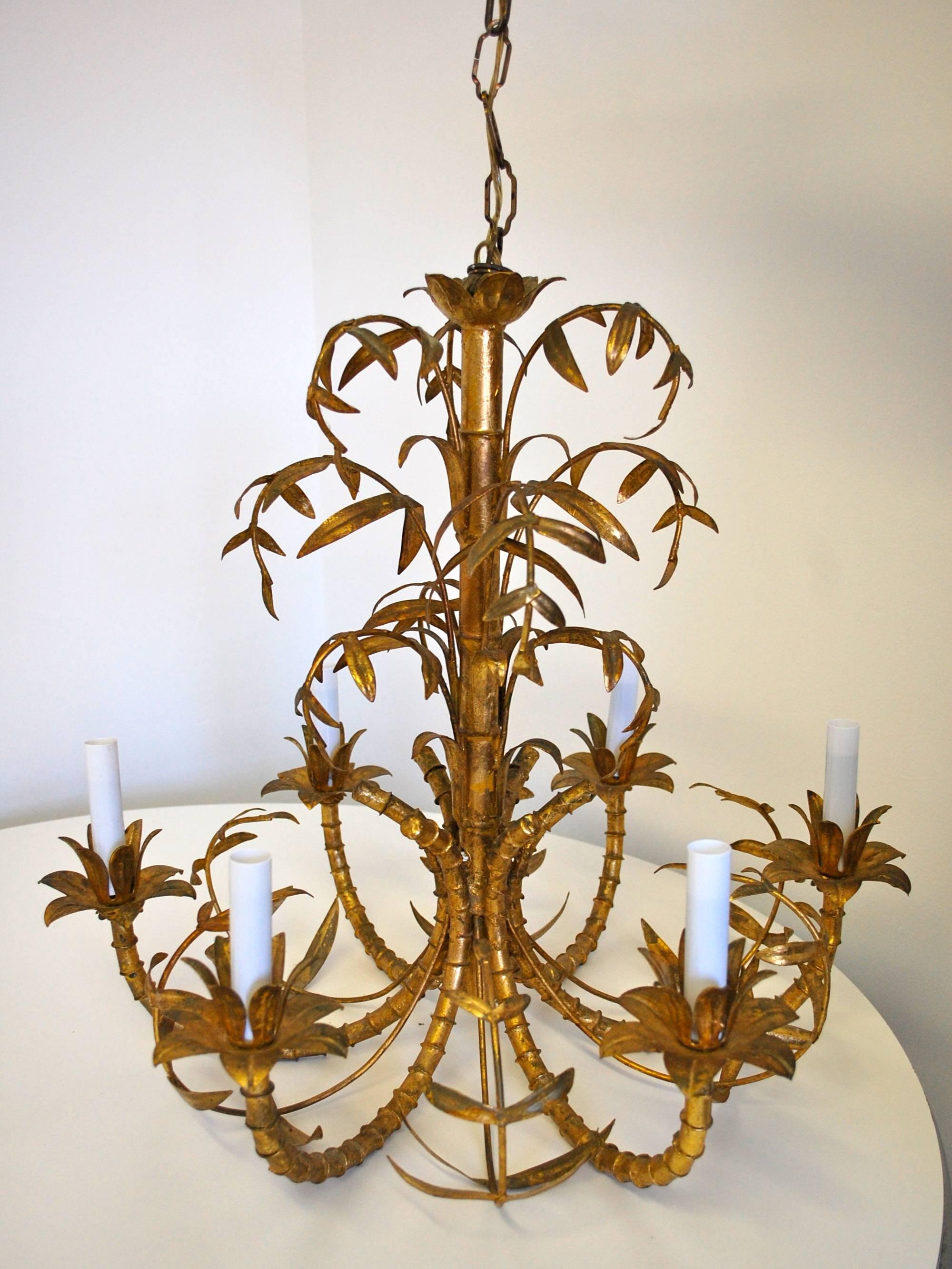 Beautiful Italian Faux Bamboo Gilt Chandelier In Excellent Condition In Southampton, NJ