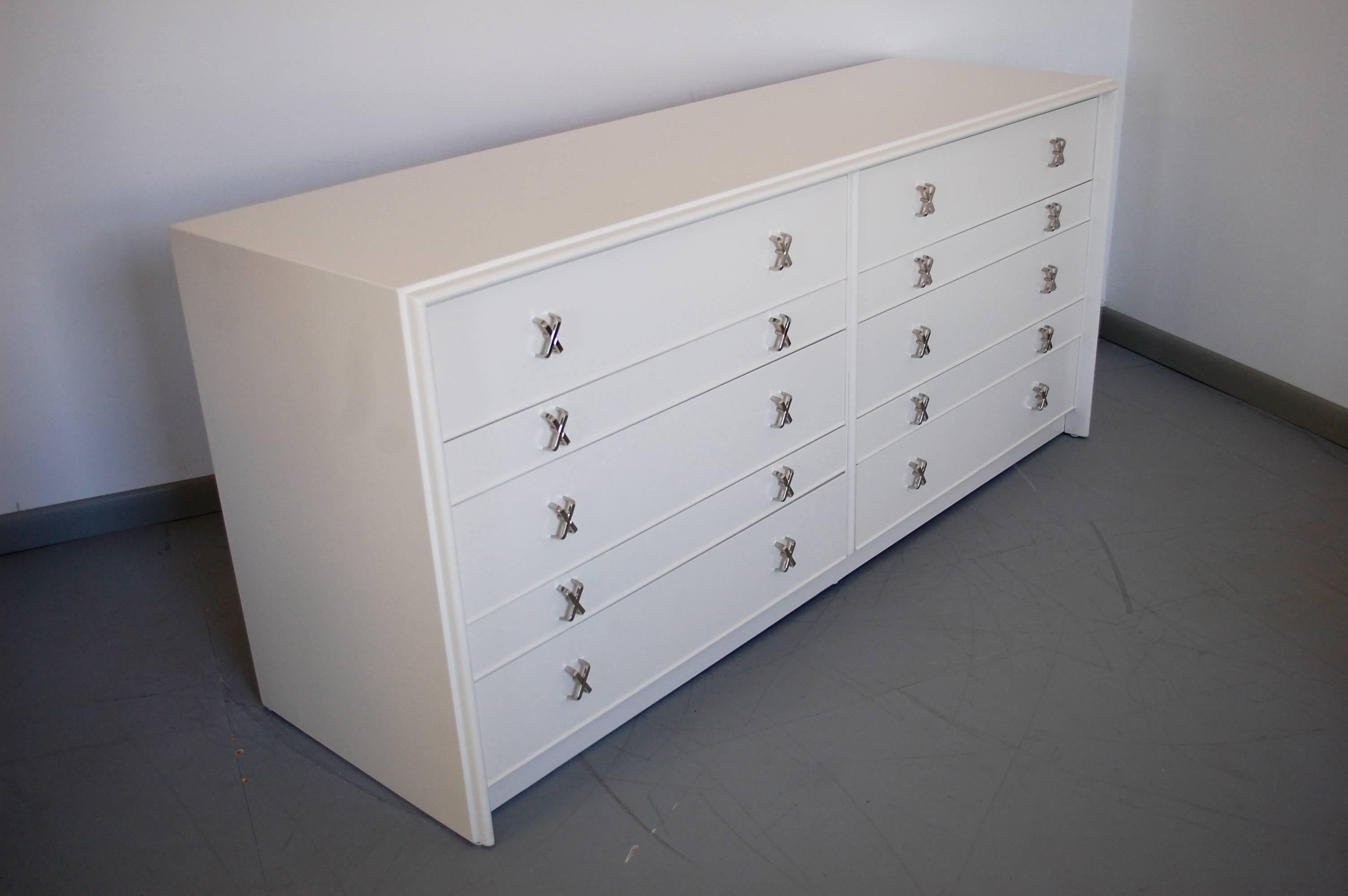 Beautiful Paul Frankl Double Dresser in Bone Lacquer with Nickel Pulls, 1950s  In Excellent Condition In Southampton, NJ