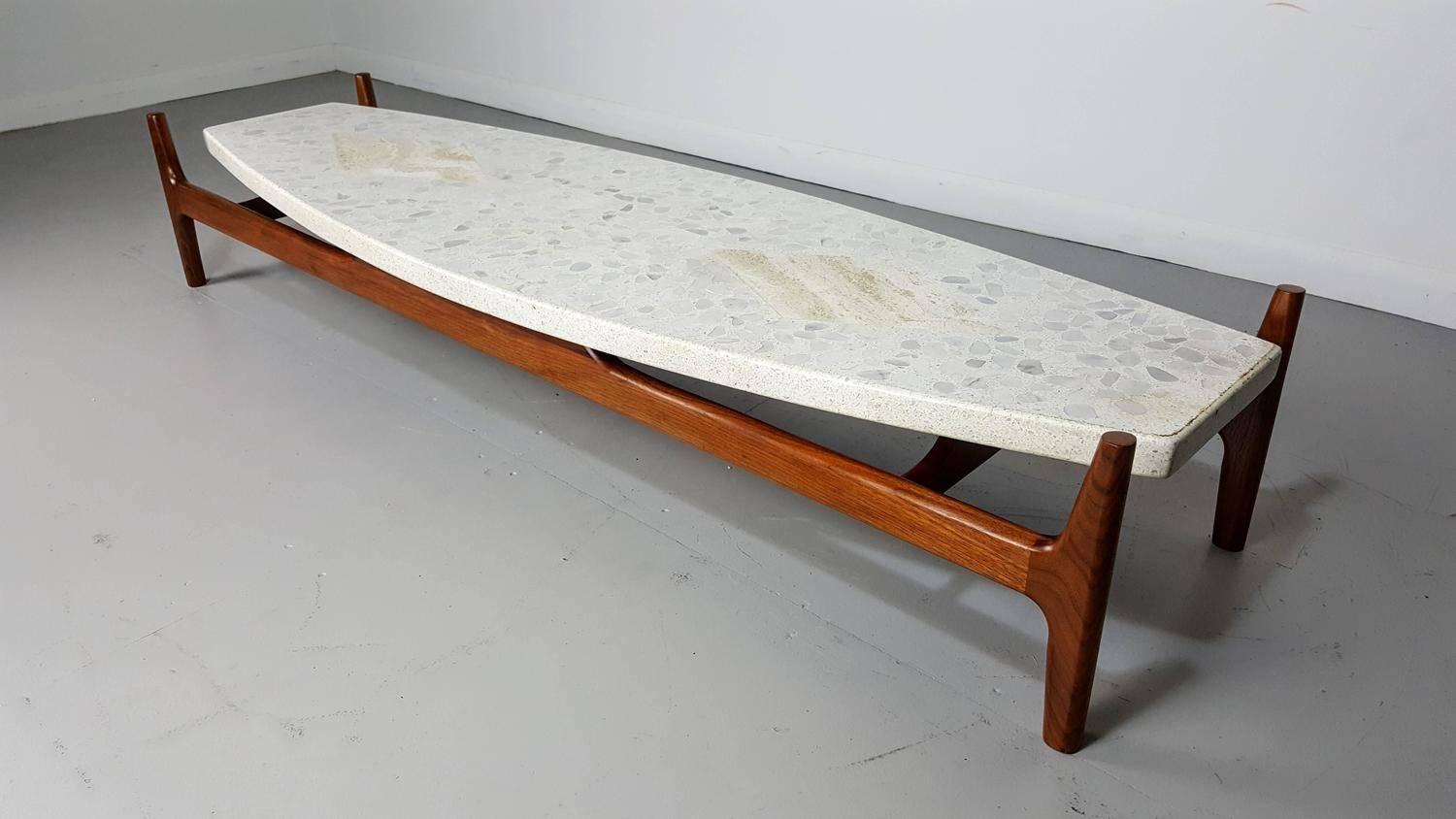 Low sculptural walnut coffee table with inlaid terrazzo top by Harvey Probber, circa 1960. Fully restored.