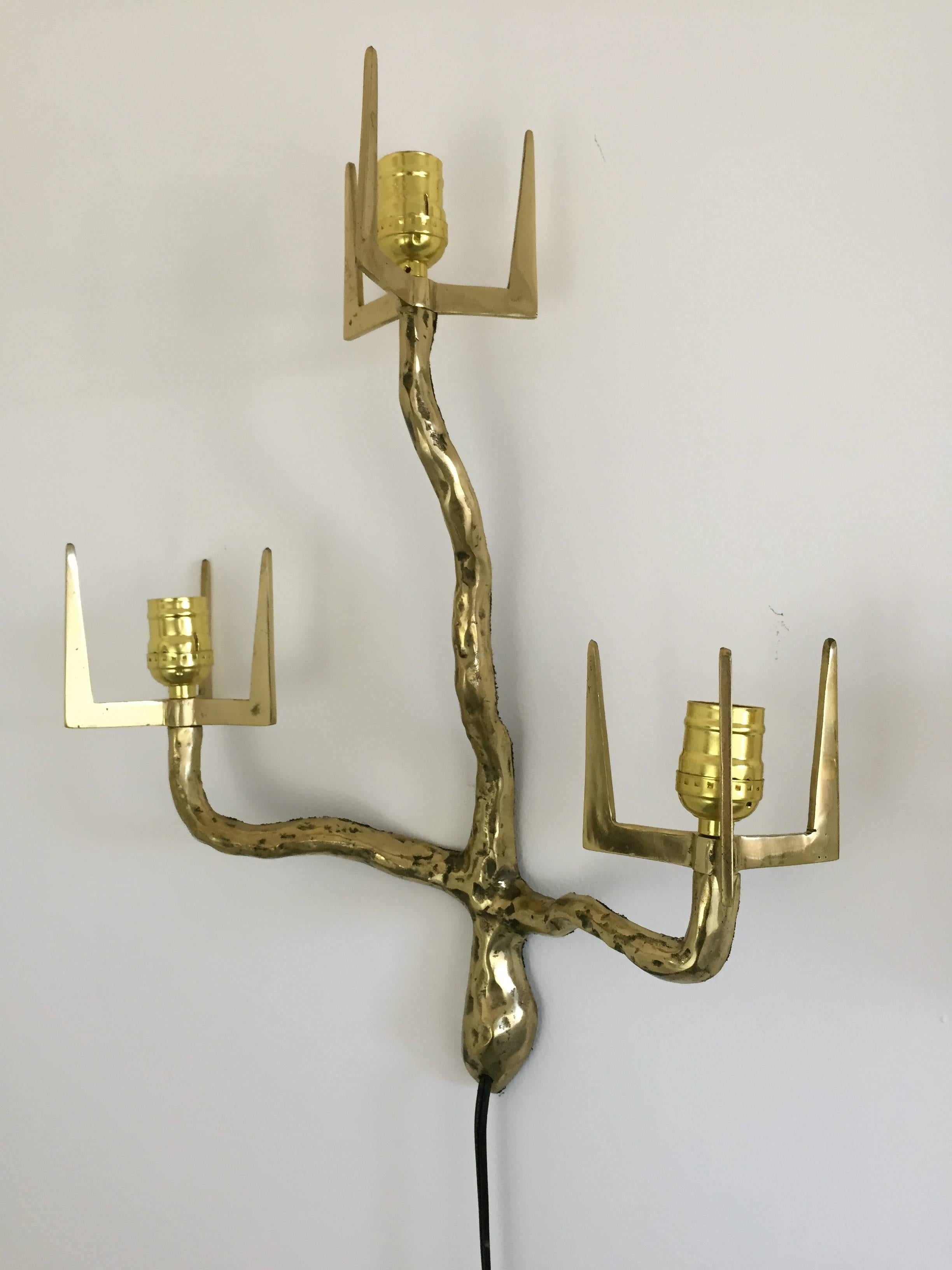 French Outstanding Pair of Brutalist Bronze Sconces, 1960s