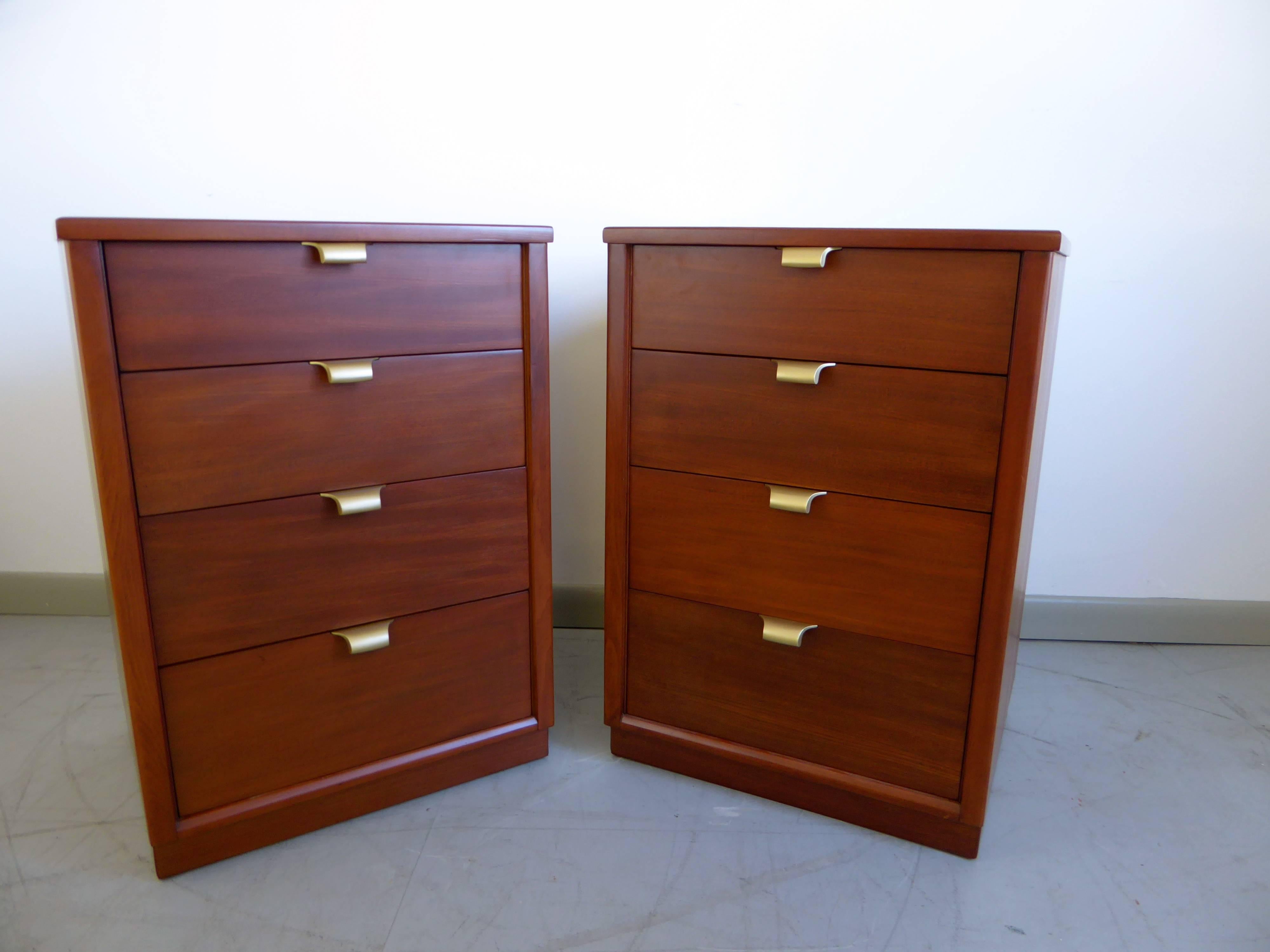 Newly refinished chest of drawers or nightstands by Edward Wormley for Drexel. Four drawers with brass pulls.