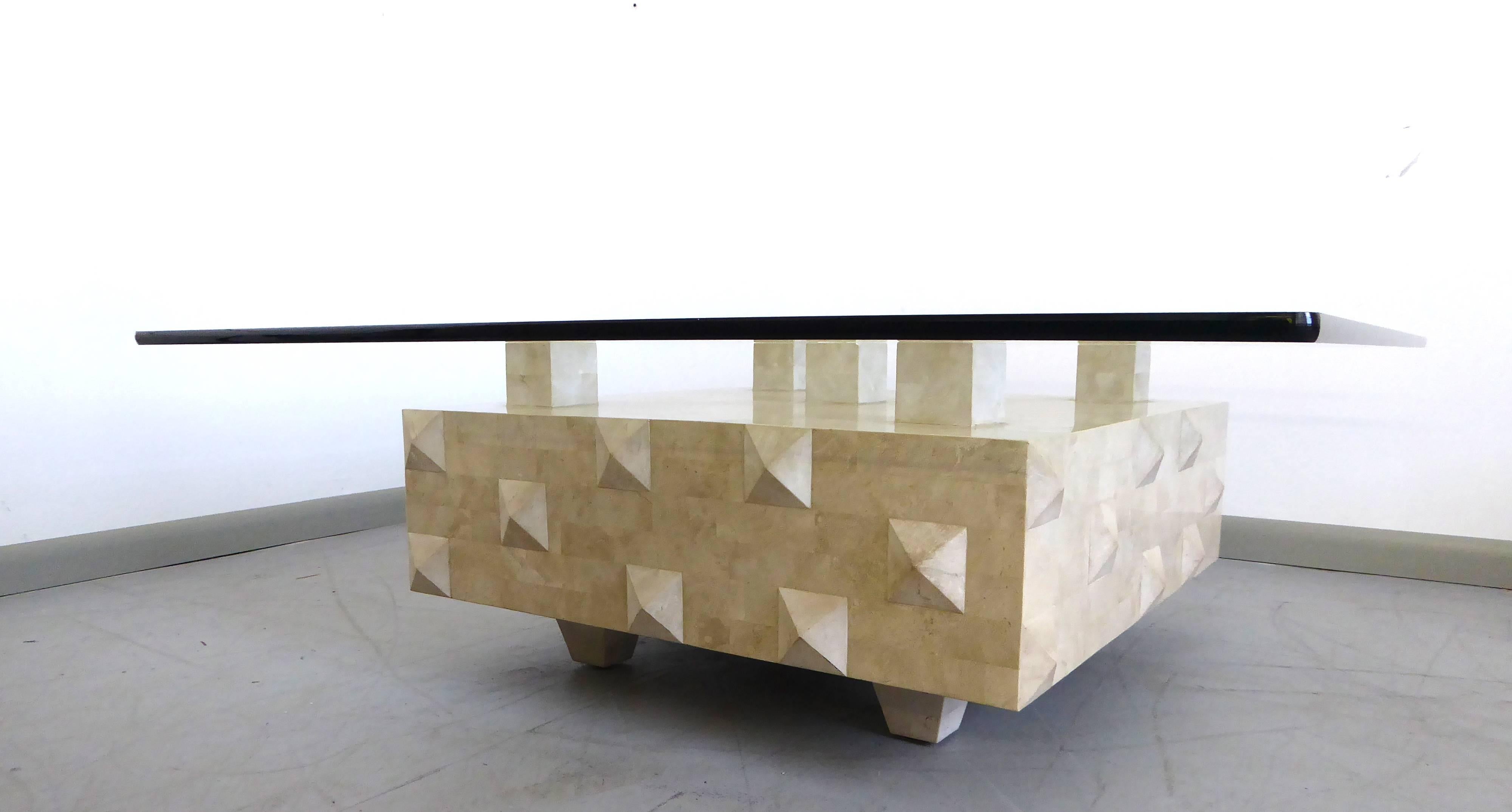 Outstanding and extremely rare vintage tessellated stone geometric studded "Tavola" cocktail table by Oggetti. Incredible design and detail. Italy, 1980s.