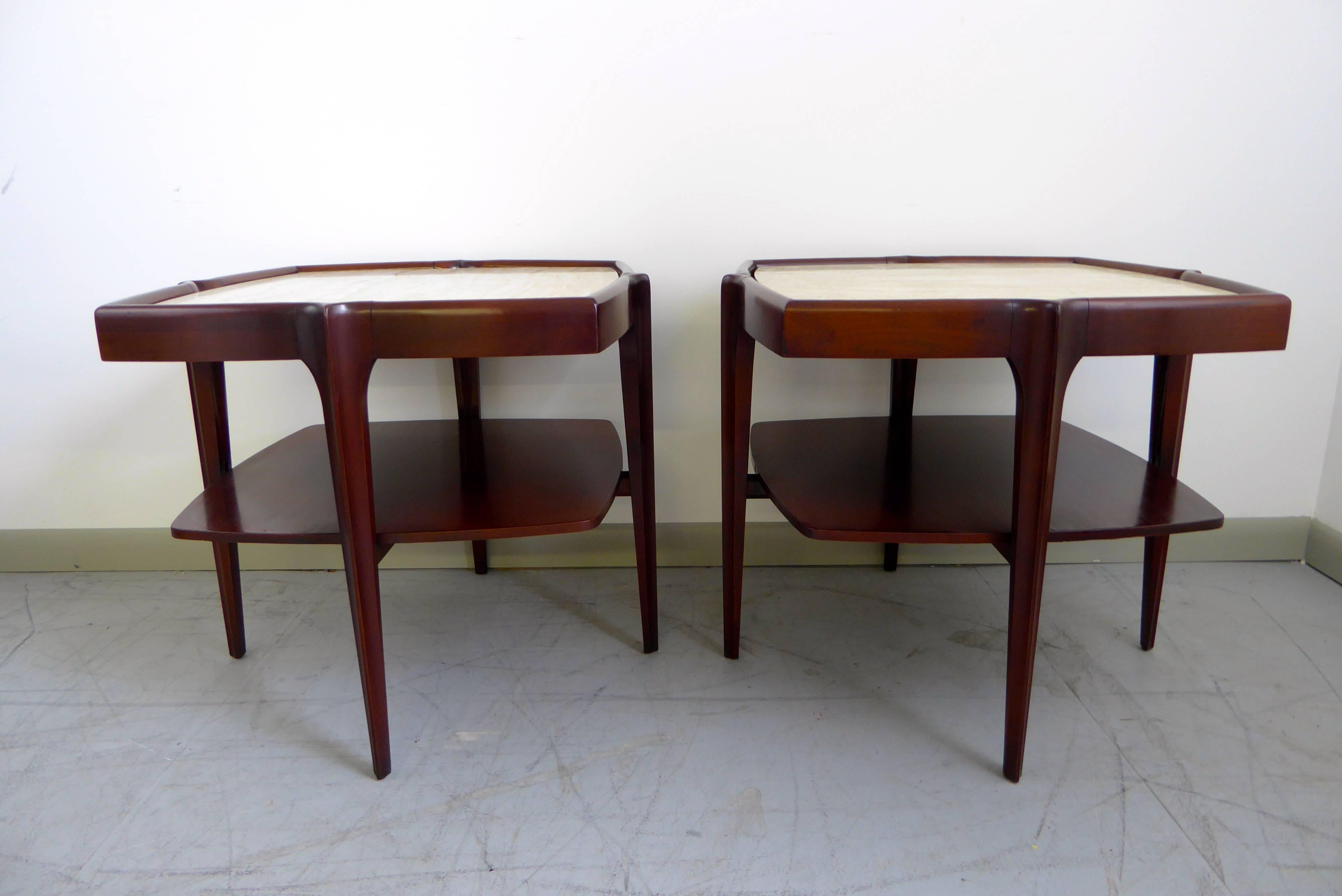 Mid-Century Modern Sculptural Mahogany and Travertine Side Tables, 1960s