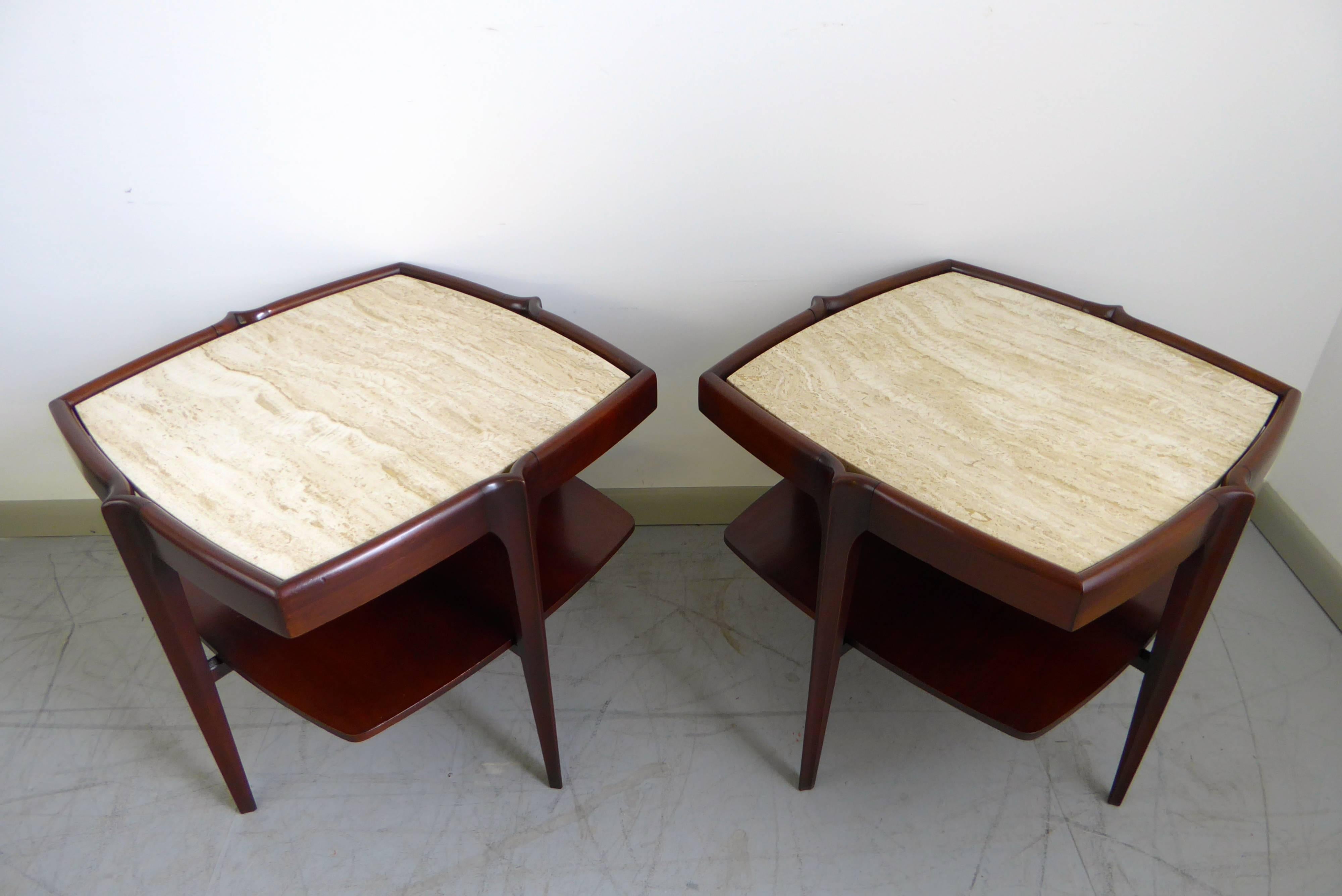 20th Century Sculptural Mahogany and Travertine Side Tables, 1960s