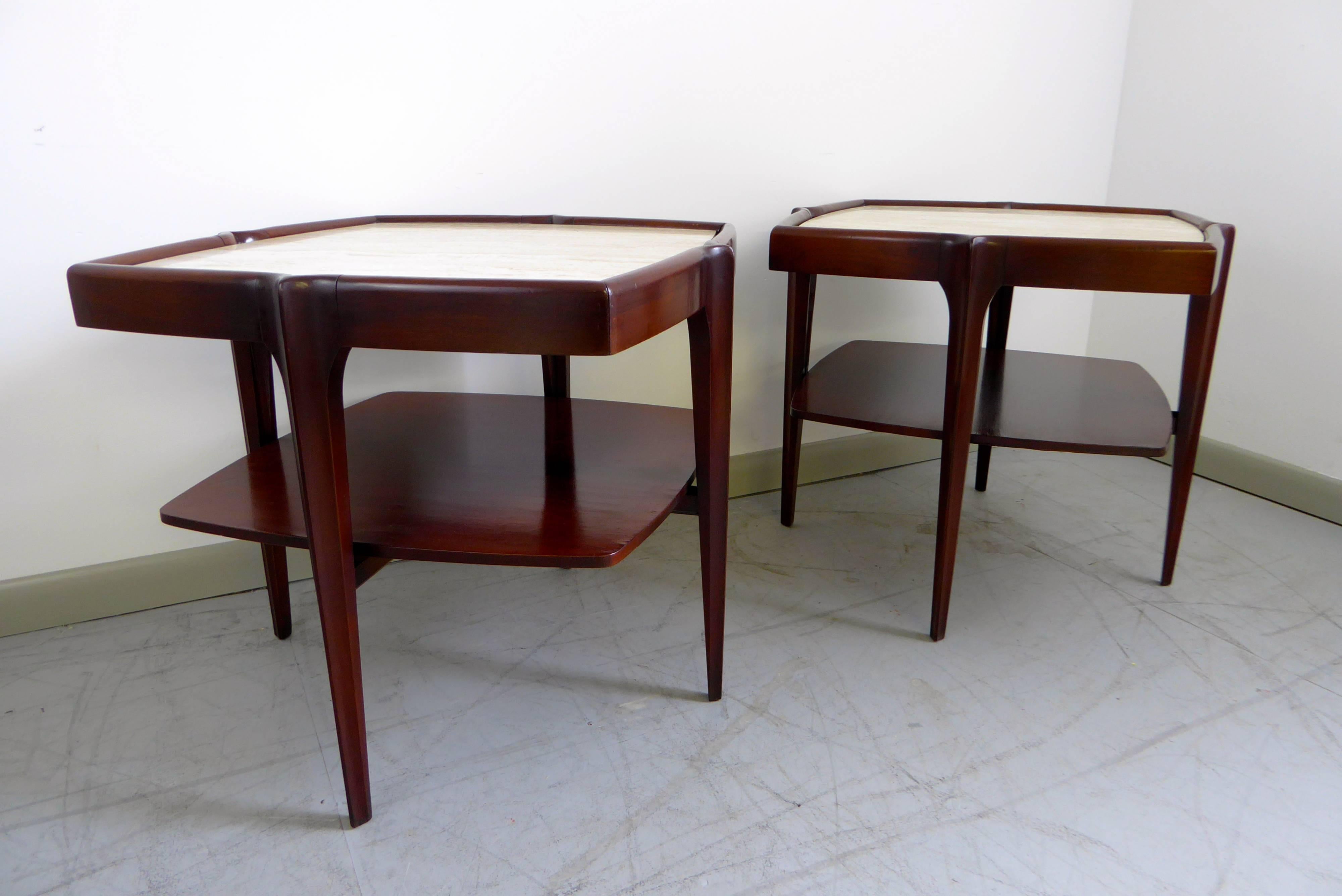 Sculptural Mahogany and Travertine Side Tables, 1960s 1