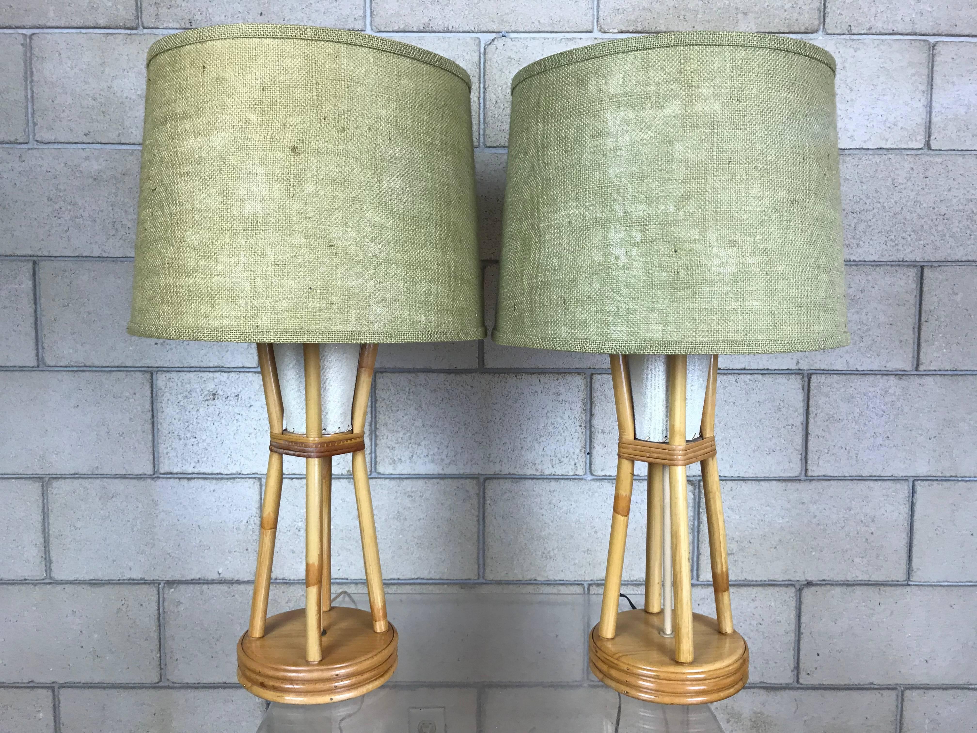 Burlap Original Pair of Paul Frankl Style Bamboo Tiki Modern Table Lamps