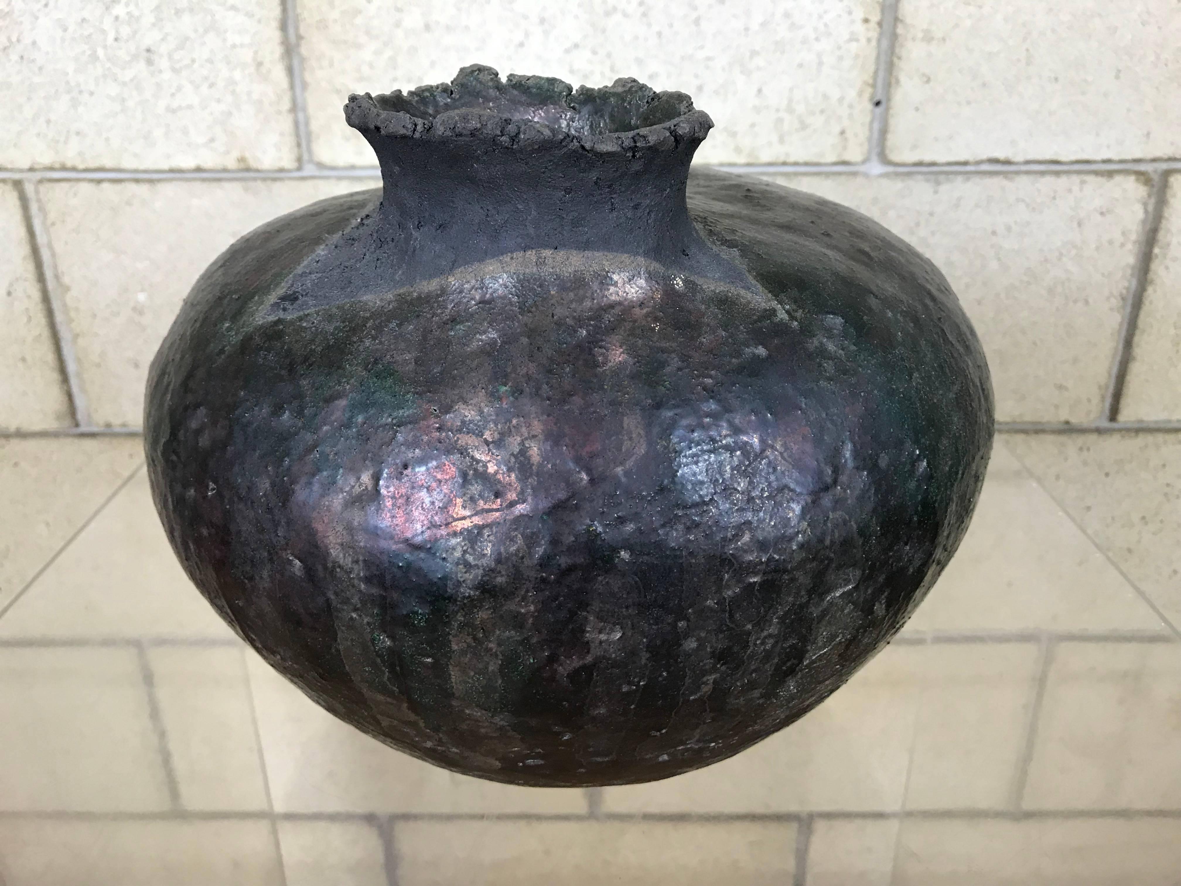 Fired Large Raku Pottery Vessel Fluted Vase by Listed Artist Charles 'Charlie' Brown  
